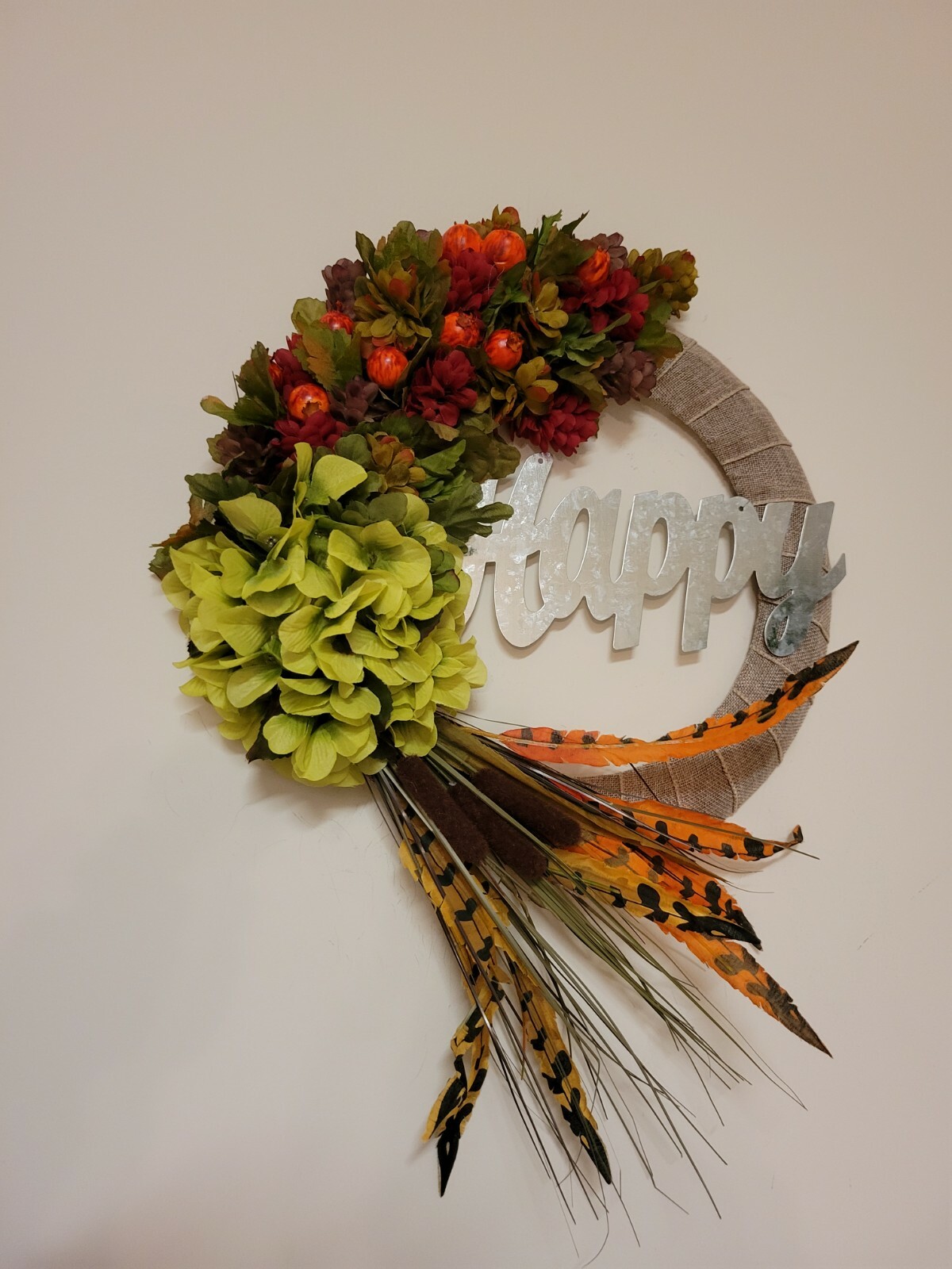 HAPPY Hydrangeas Cat tail burlap WREATH FALL Feather Decor Front Door 15″ fire