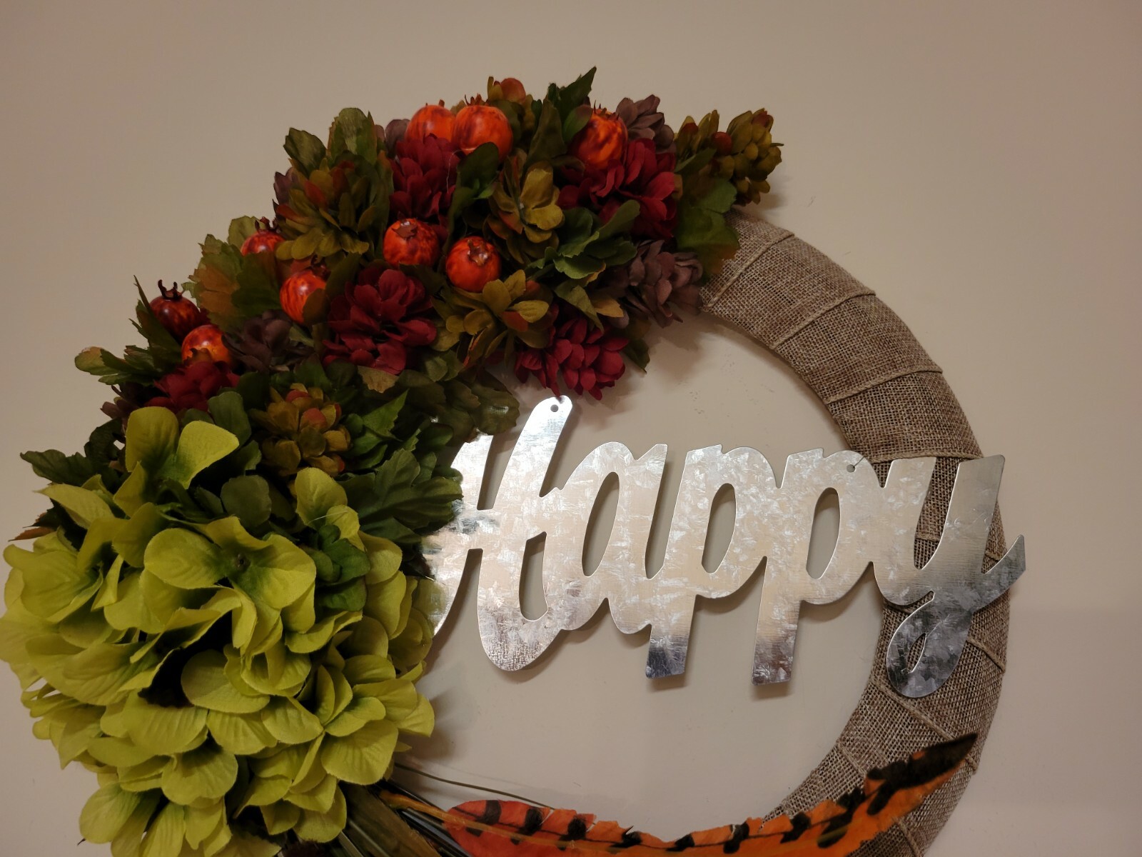 HAPPY Hydrangeas Cat tail burlap WREATH FALL Feather Decor Front Door 15″ fire