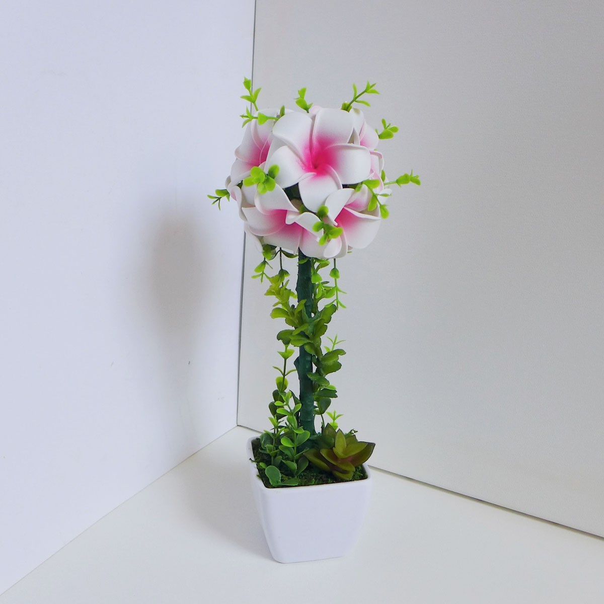 12″ Height Artificial Potted Plant Foam Pink Plumeria Heads Home Party Decora
