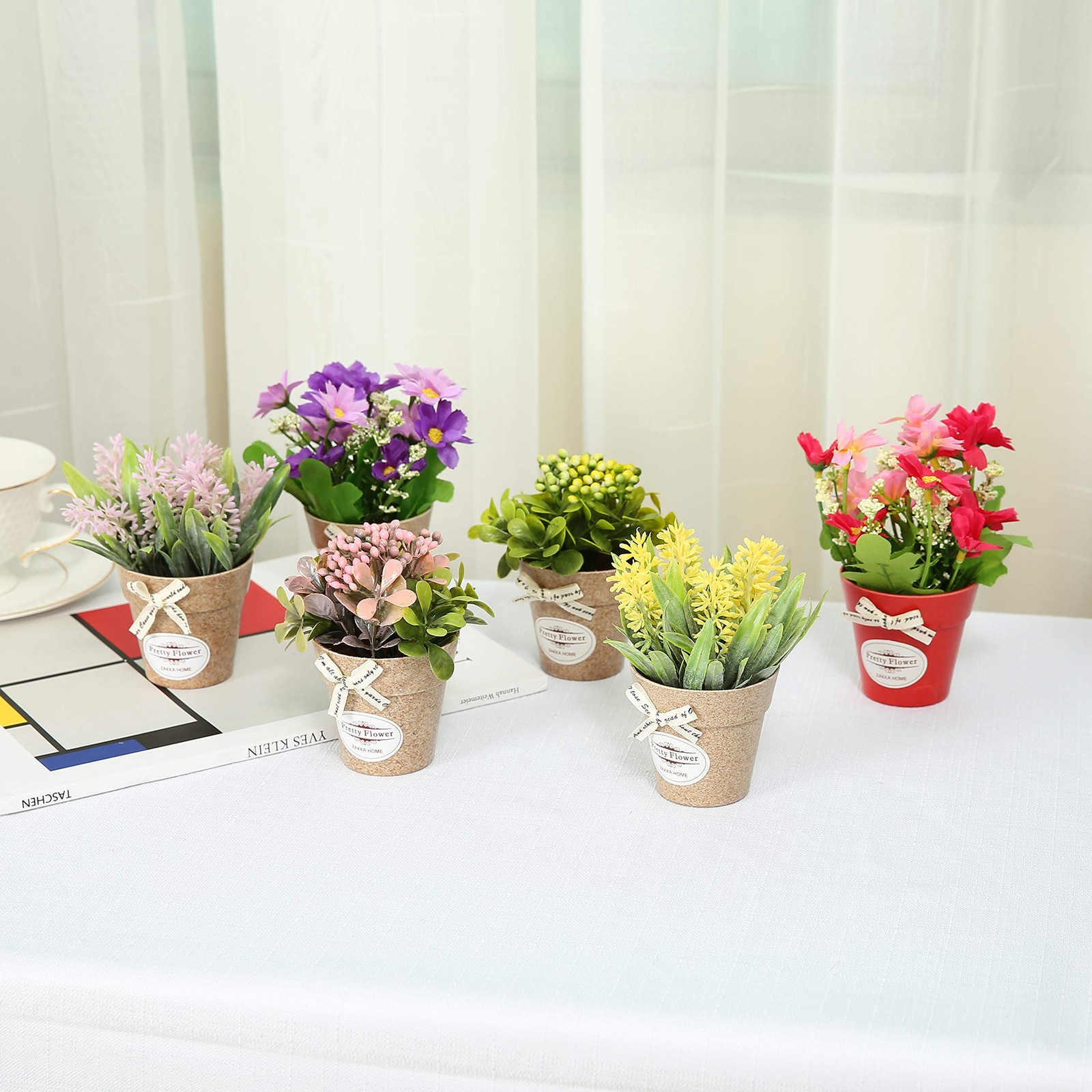Set of 6 Potted Artificial Flowers Fake Flowers with Vase Faux Flowers in Pot…