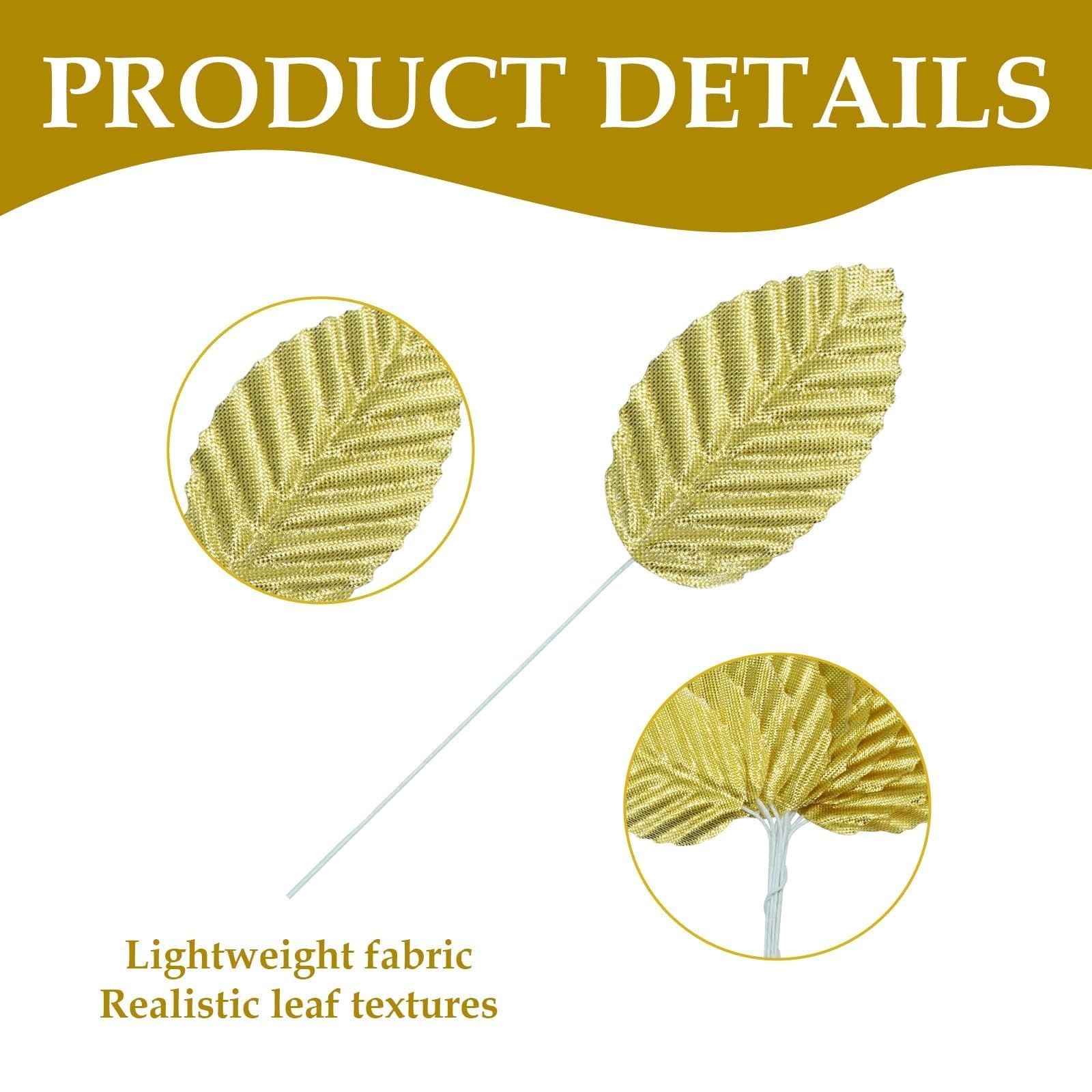 50 PCS Artificial Silk Leaf Fabric Floral Fake Wire Craft Faux Plant Gold