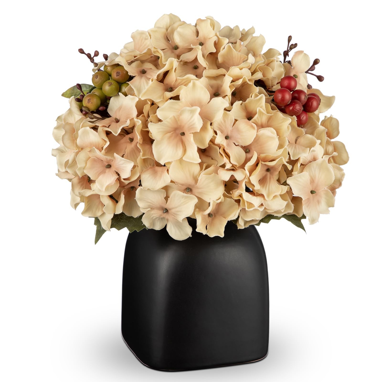 Hydrangea Artificial Flowers in Ceramic Black Vase, Beige Silk Hydrangea Cent…
