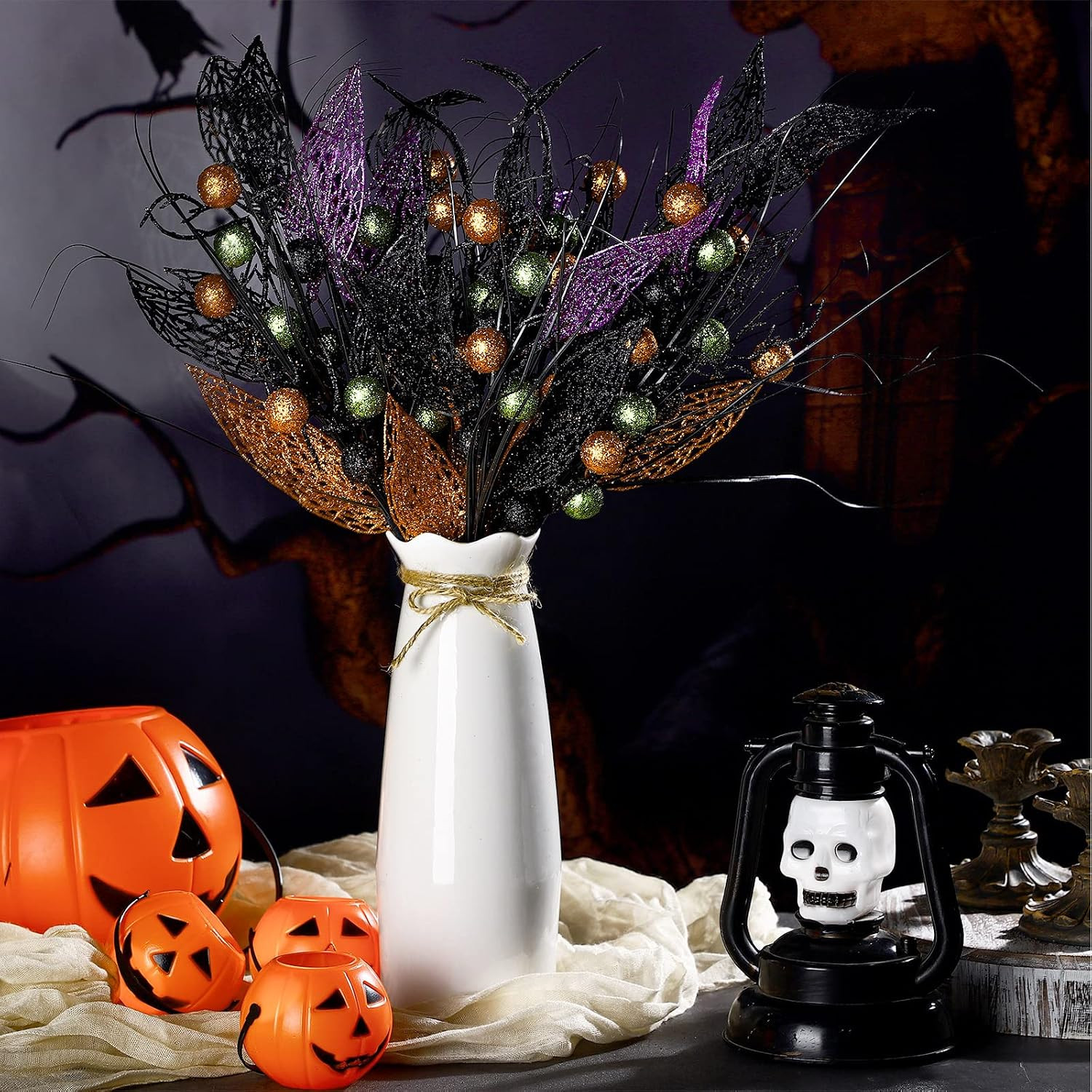 8 Pcs Halloween Branches Picks Stems Glitter Fake Twig Bush with Pumpkin Berries