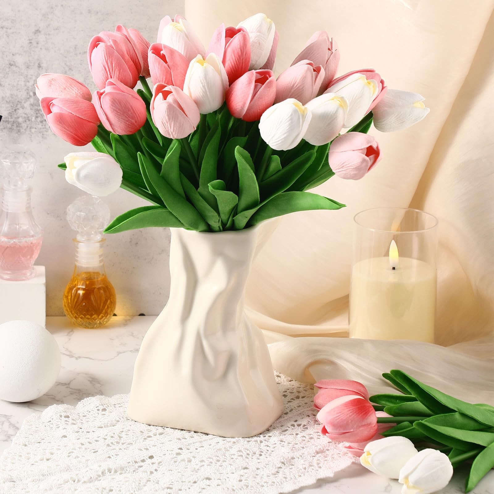 60pcs Artificial Tulip Flowers Fake PU Tulips Faux Latex Bouquet Flower Cente…