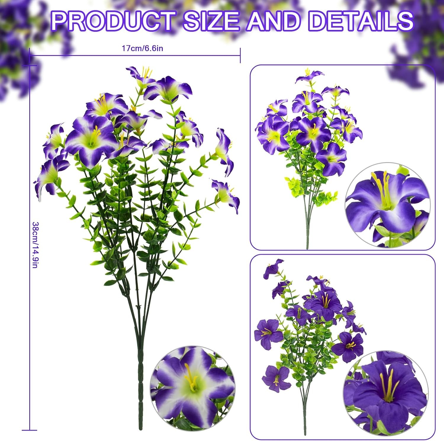 16 Pcs Faux Petunias Artificial Flowers for Outdoors, UV Resistant Fake Purple
