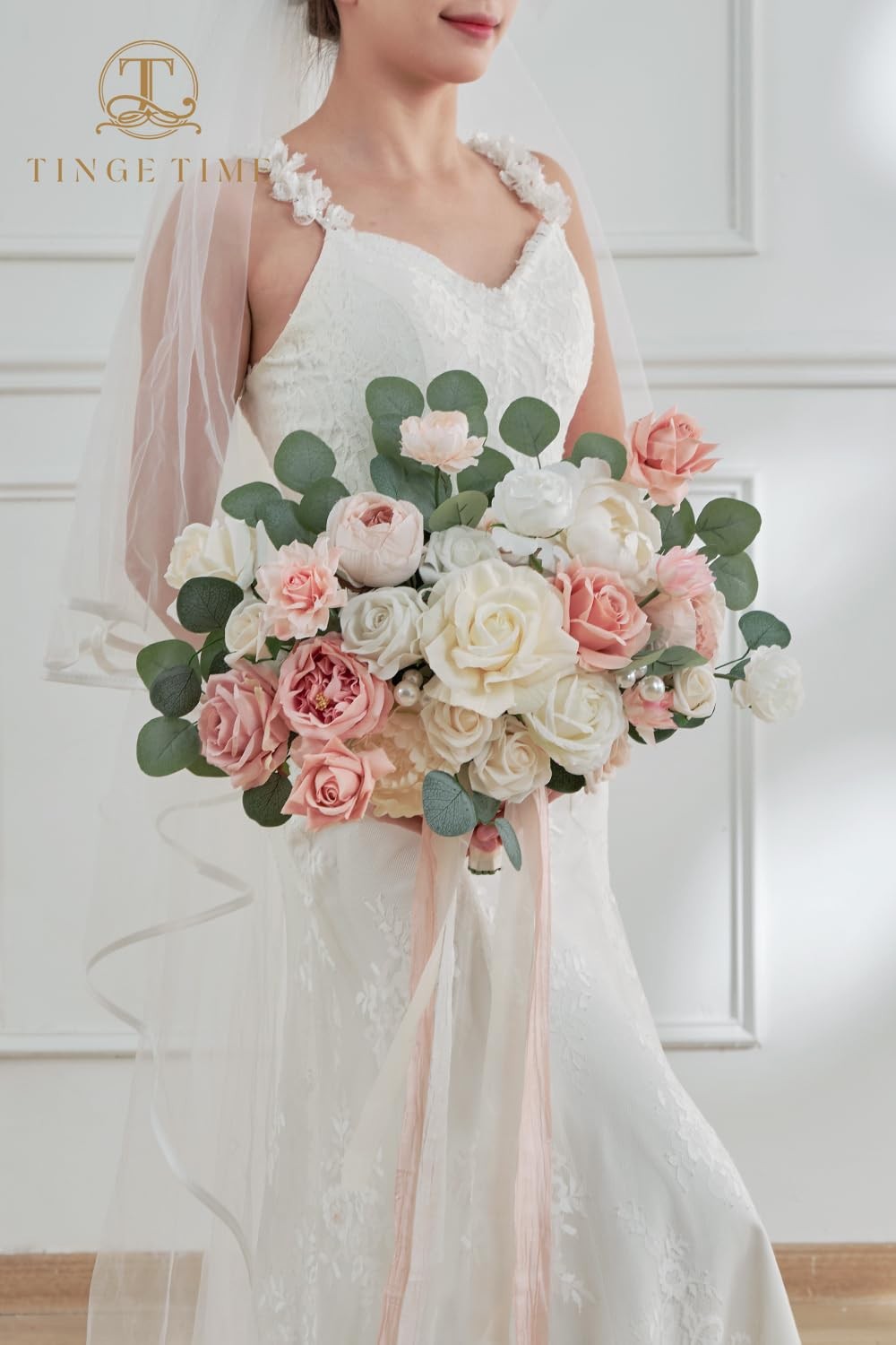 11 Inch Wedding Bouquets for Bride，Champange&Pink Artificial Flowers Bouquet，…