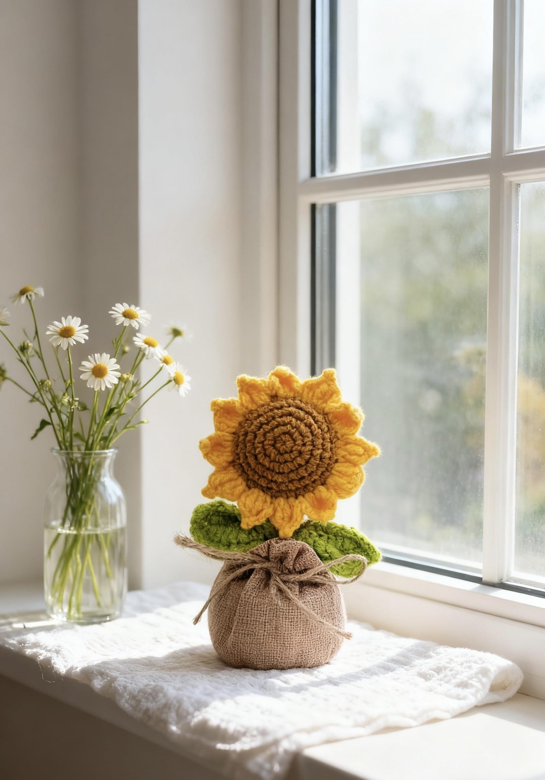 Andvon Crochet Sun Flowers Potted Flower, Handmade Knitted Sun Flores Birthday