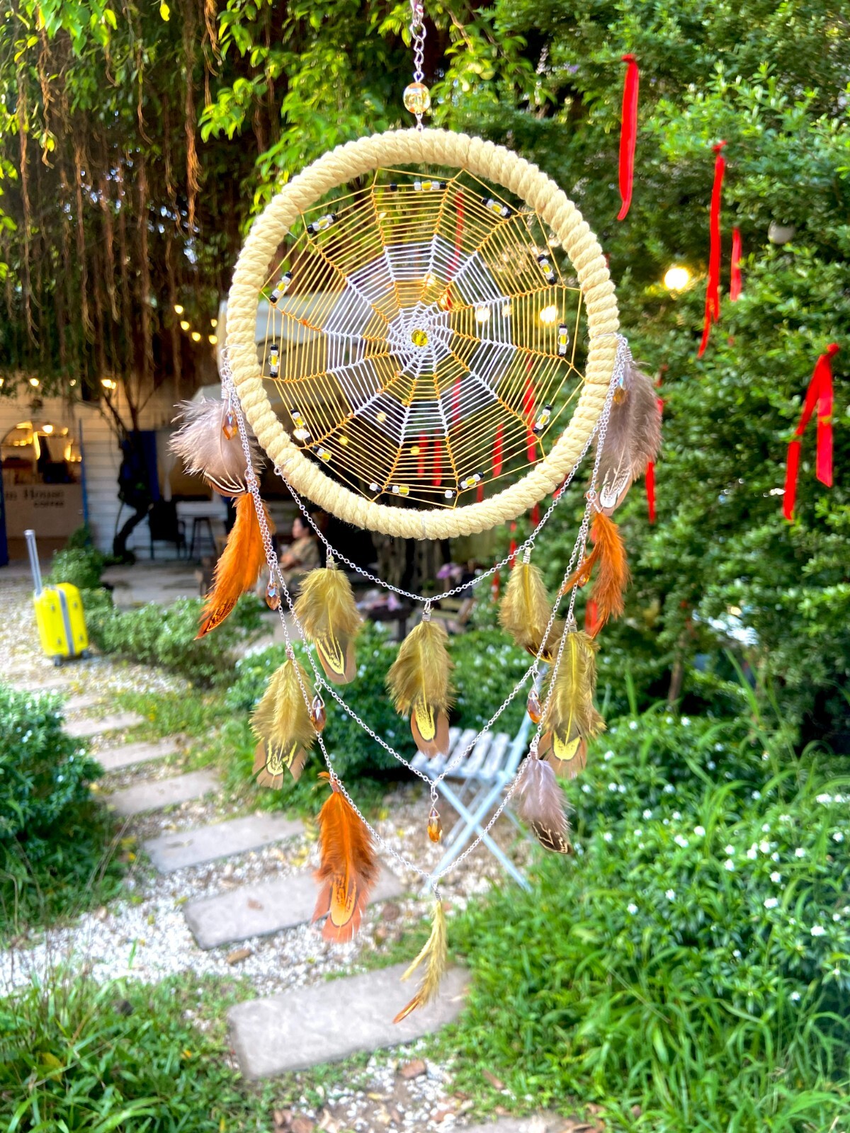 Large Yellow Dream Catcher – Handmade Elegance with Intricate Feather Details
