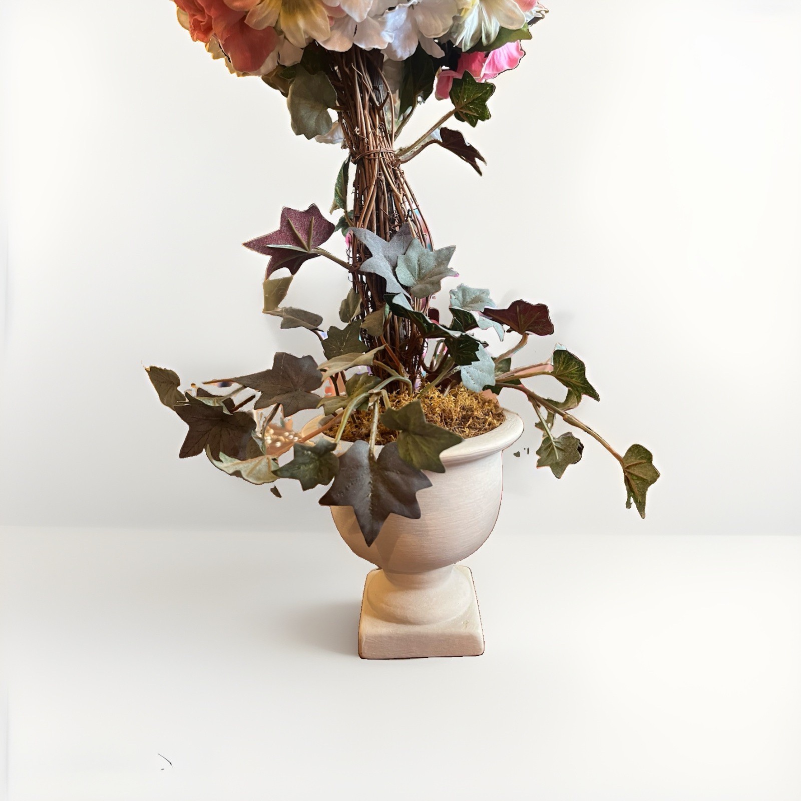 Artificial Pink Rose Ball Topiary Floral Arrangement in White Urn Pot 18 in