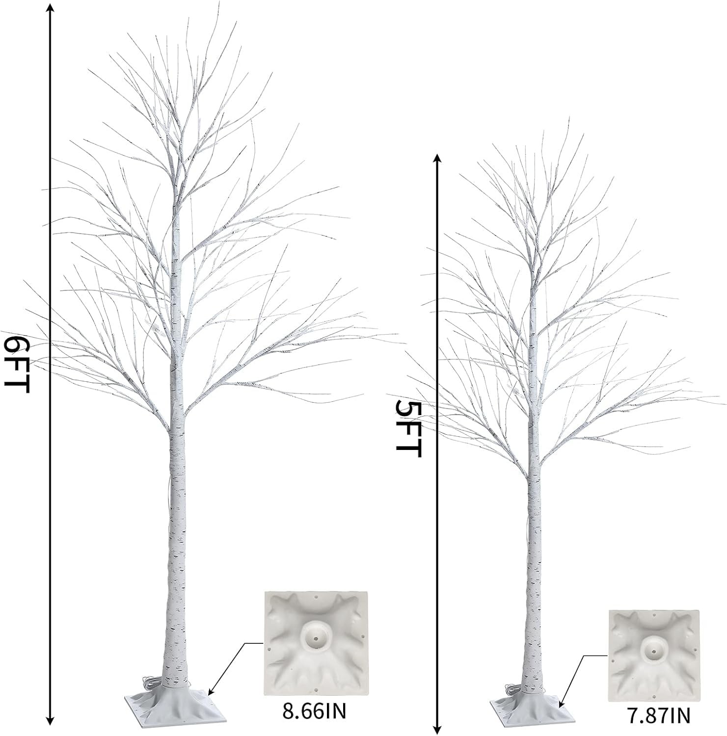 Set of 2 Lighted Birch Tree, Prelit White Christmas Tree Plug in, Light Up Ar…