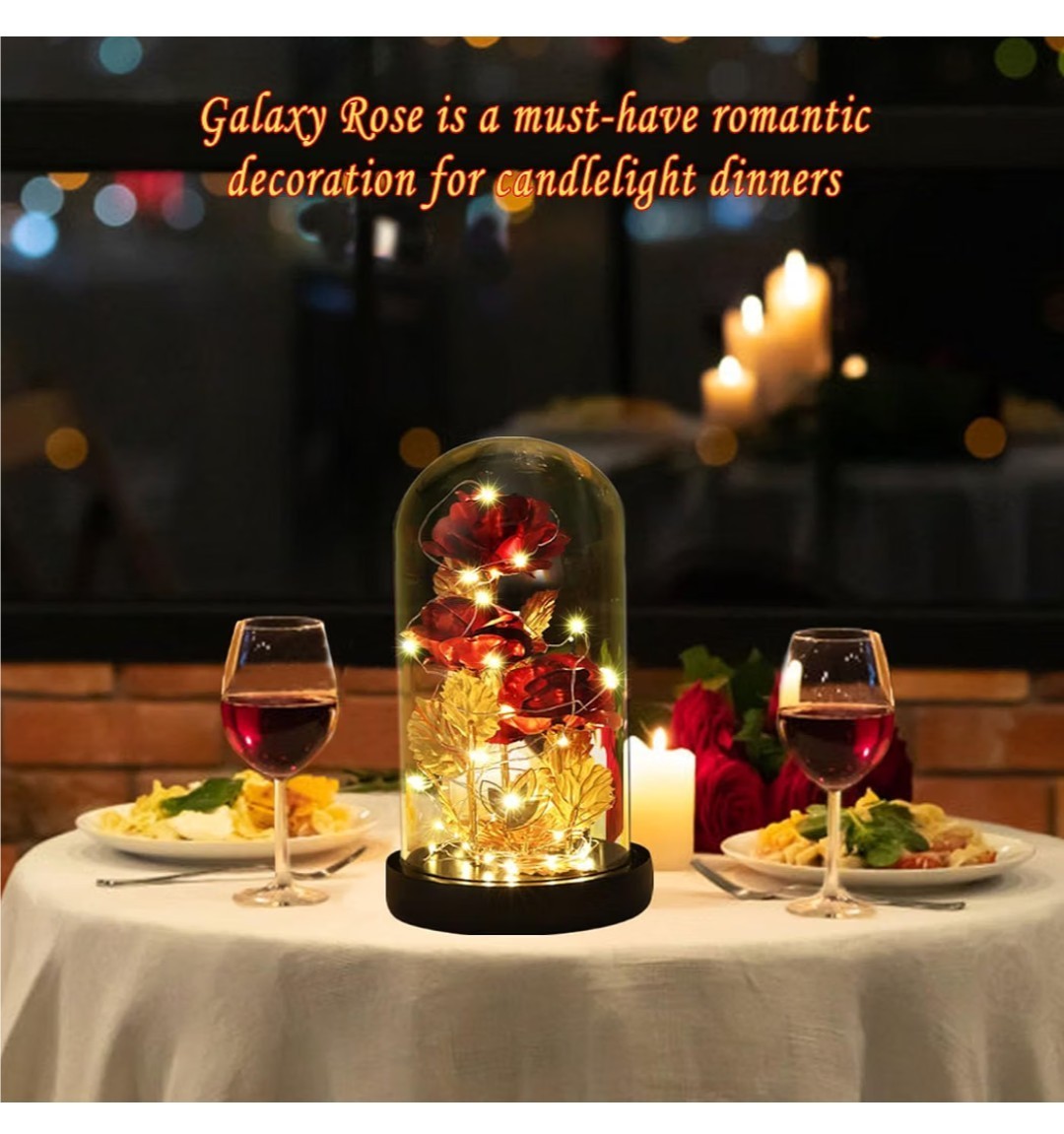 Dream Of Flowers Red Rose Gold Stem/Leaves in Glass Dome, 2 Lighting Modes. #dom