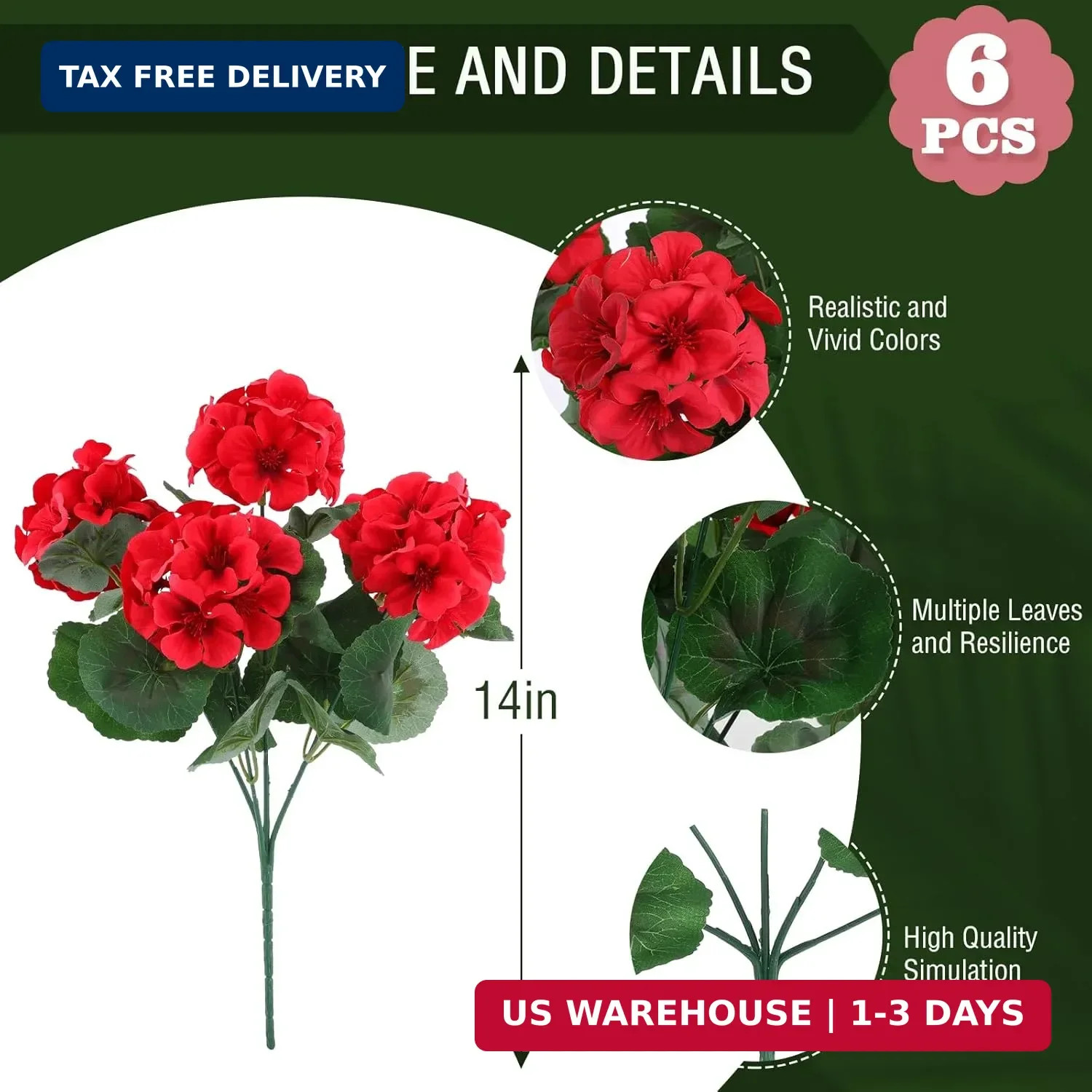 Hananona 6 Pcs Artificial Geranium Flowers for Outdoors Geranium Silk Red Flower