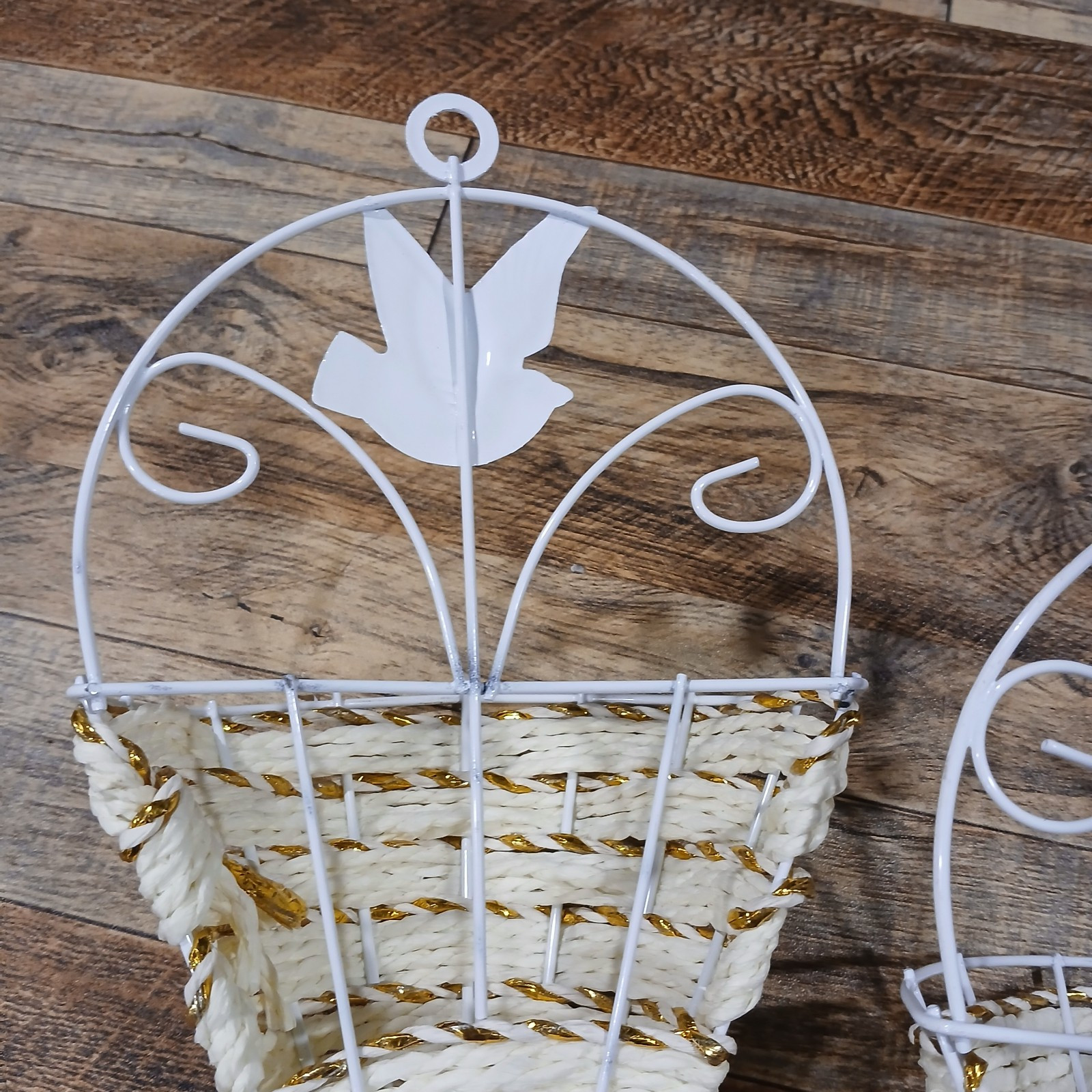 Set of 2 Wall Hanging Cone/Basket. Display Flowers. Cream & Gold