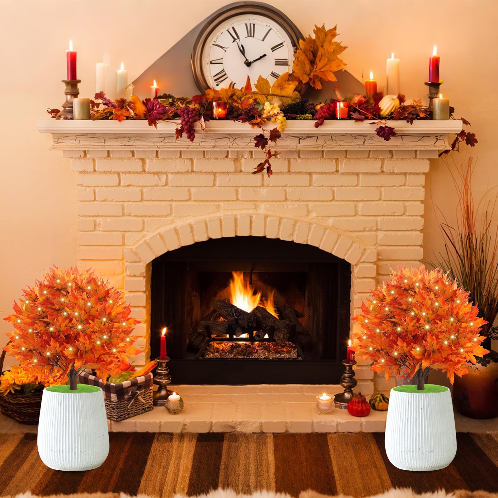 27″ Set of 2 Artificial Maple Topiary Trees with 100 Lights, Fall Decor Maple…