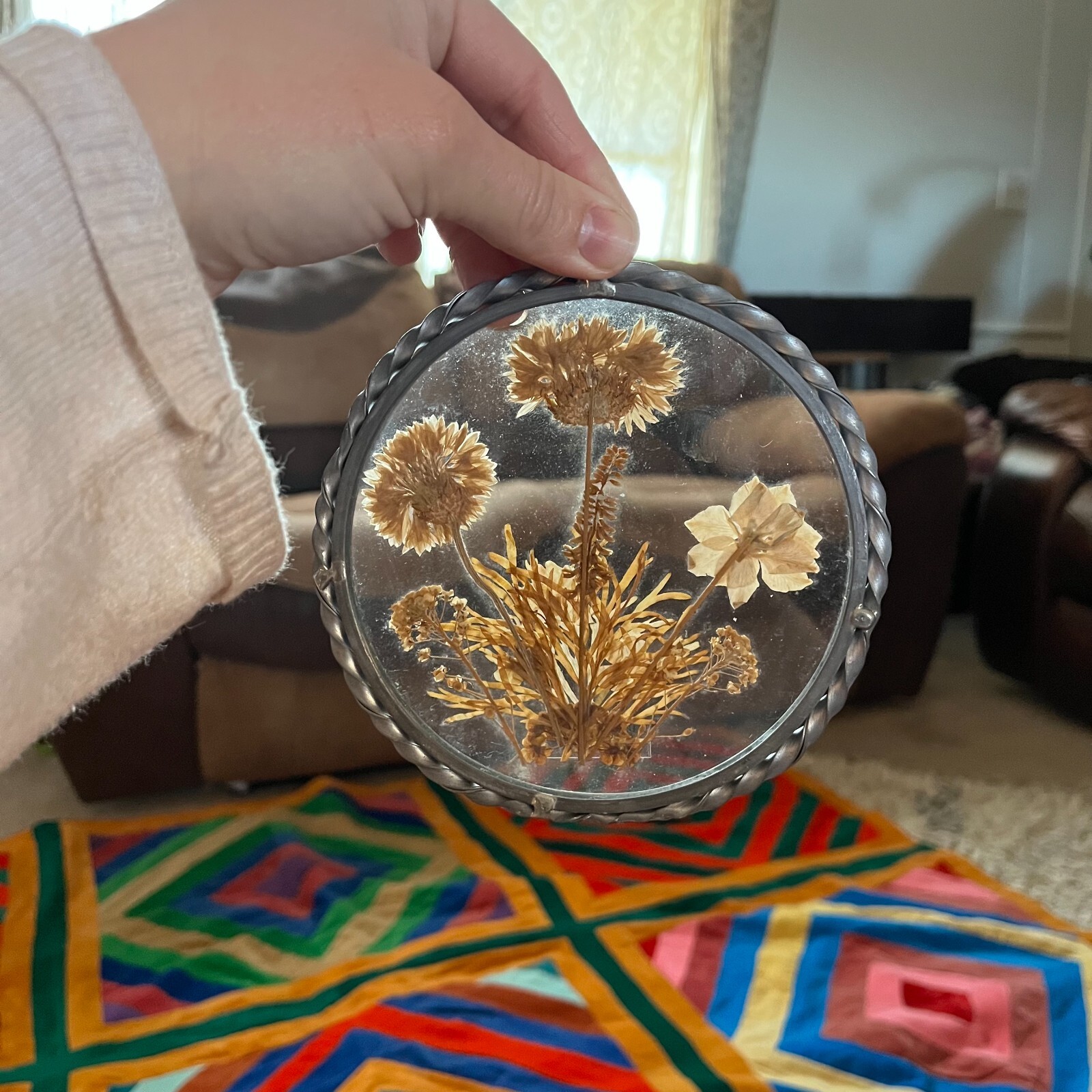 Lot of 2 Framed Pressed Flowers Dried Glass Metal Suncatcher 8″ Oval 5″ Circle