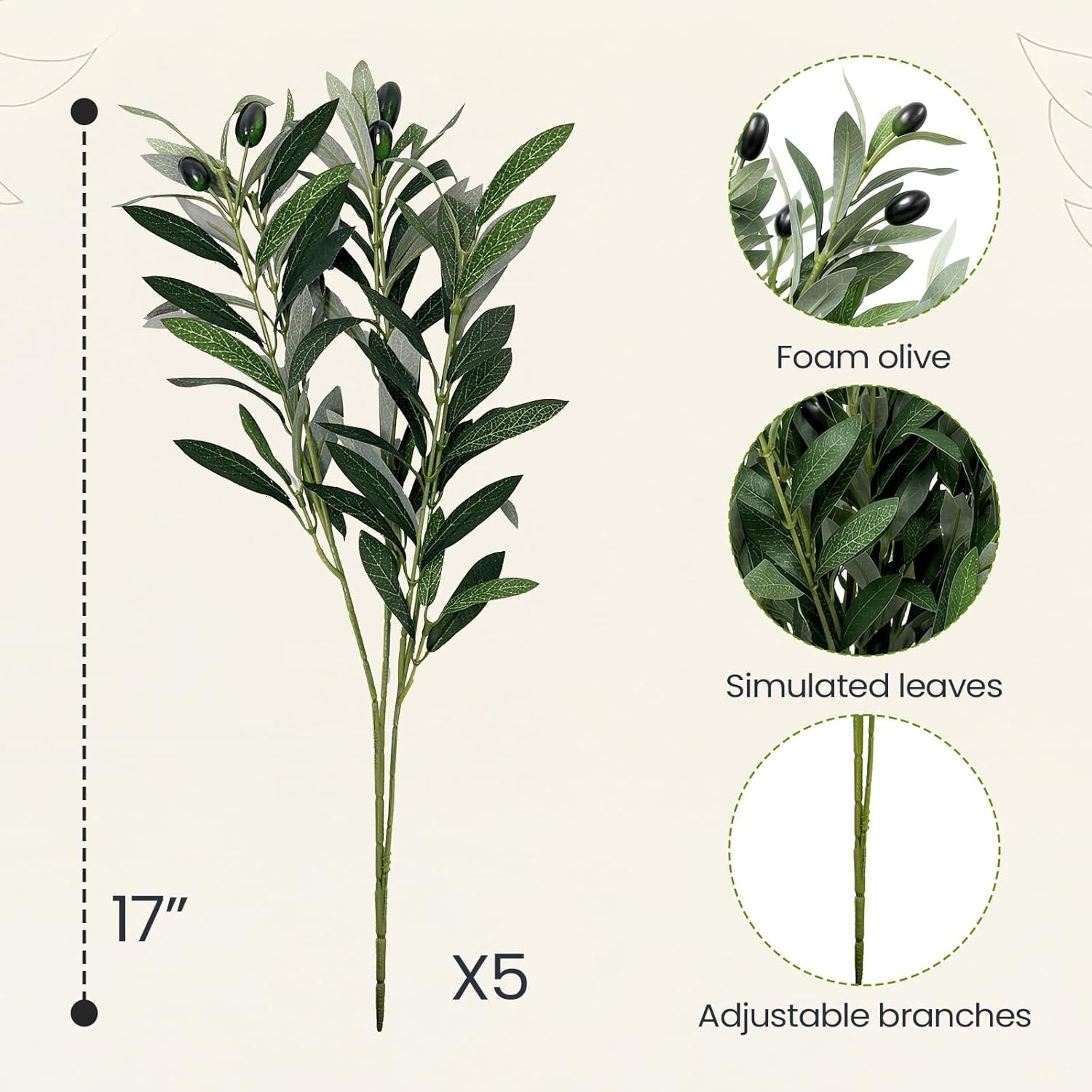 5 Pcs 17 Inch Artificial Olive Branches with Lifelike Olives Fake Greenery Ol…
