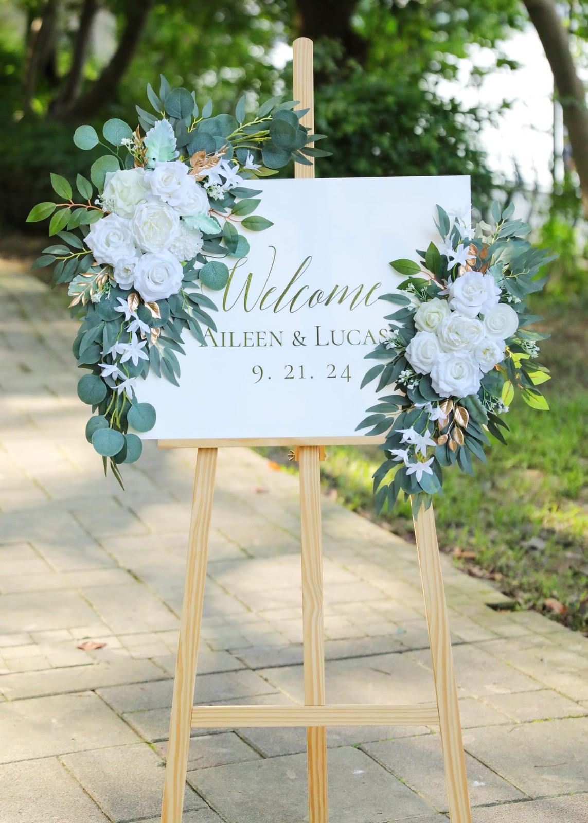 2 PCS White Gold Artificial Wedding Arch Flower Swags for Welcome Signs