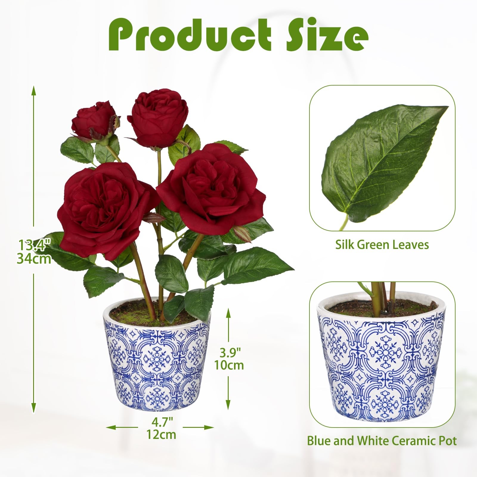 Red Real Touch Roses Artificial Flowers in Vase Blue and White Porcelain Cera…