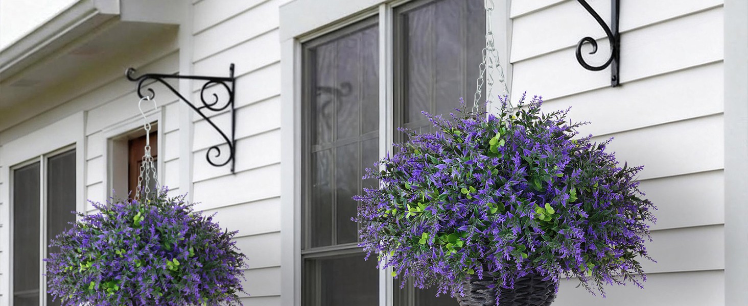 Artificial Eucalyptus & Lavender Hanging Basket (2 Pieces) – Realistic Fake