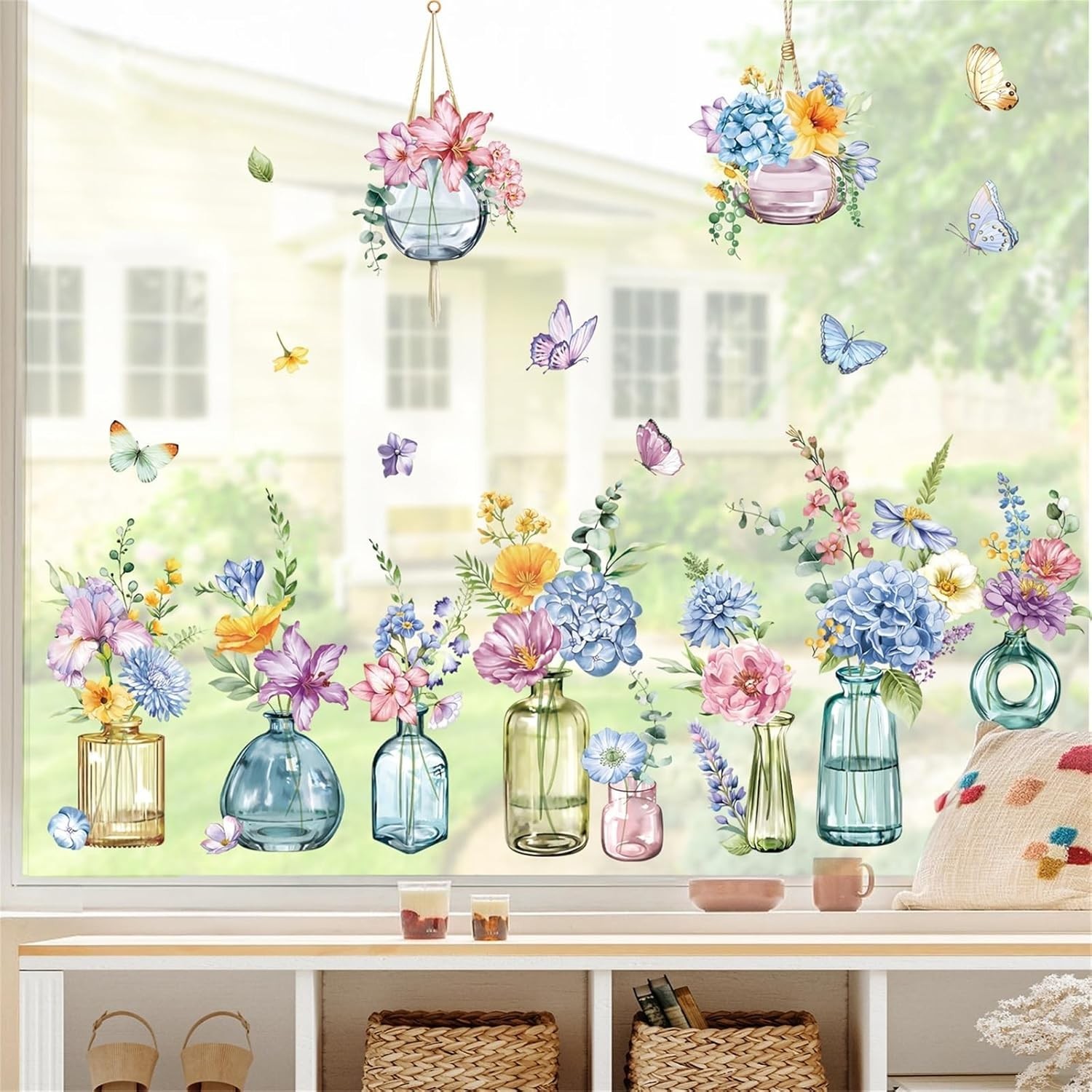 Spring Summer Potted Flowers Vase Window Clings Double Sided Blue Purple Wild…