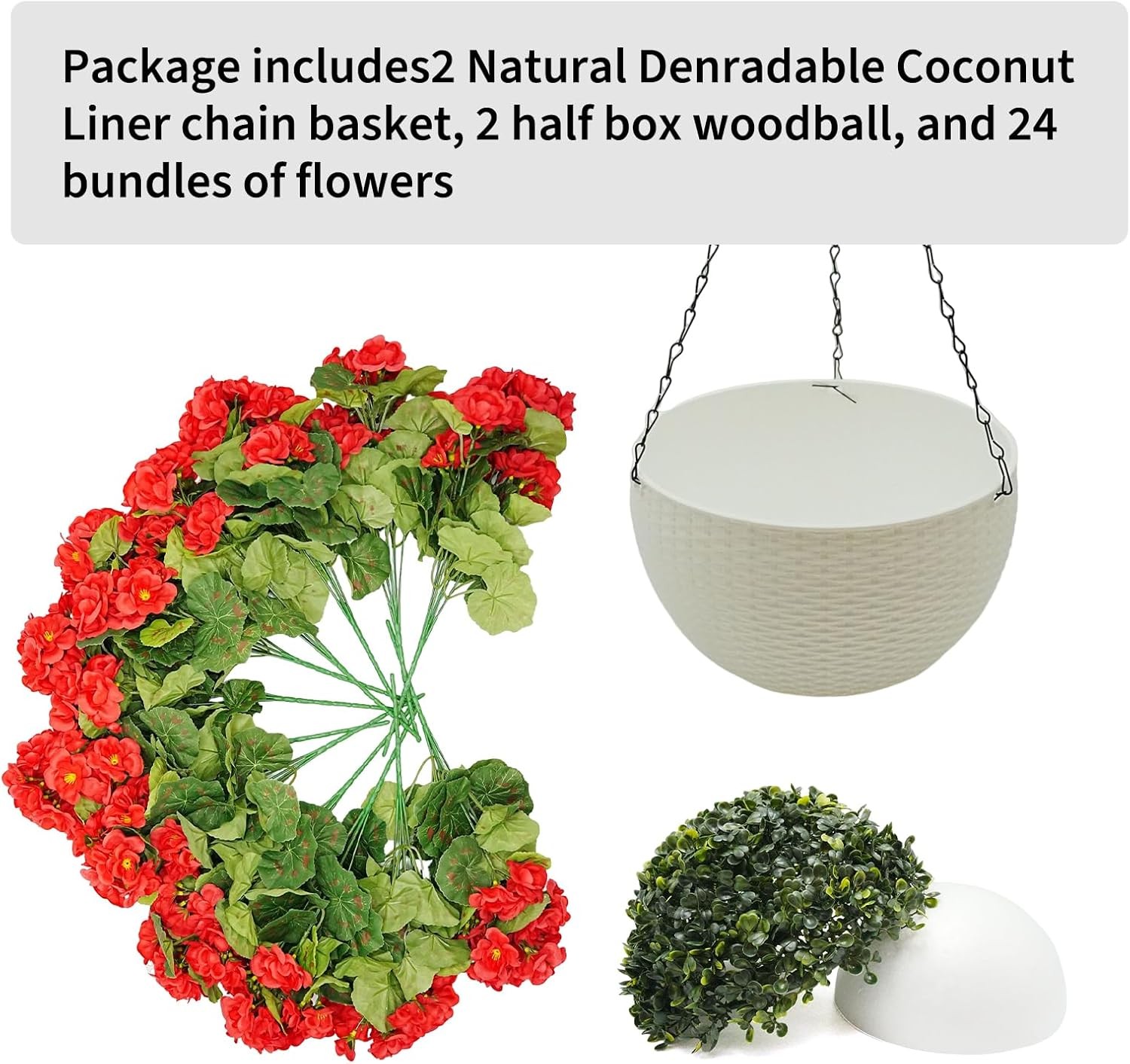 2Pcs Artificial Geranium Hanging Baskets Faux Flowers Indoor Outdoor Display
