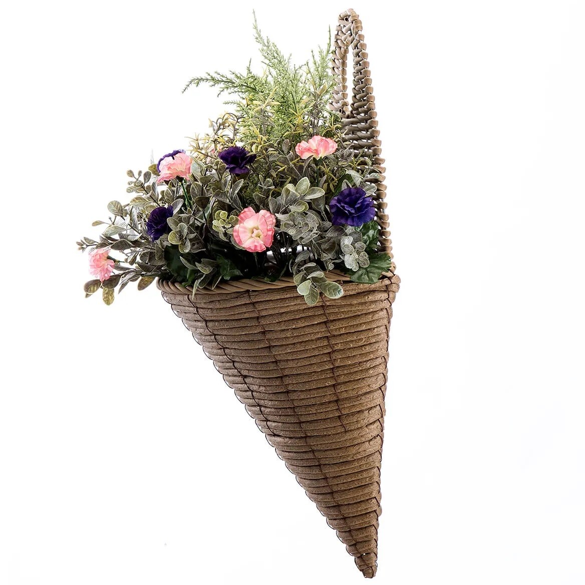 Large Morning Glory Faux Floral Hanging Cone Shaped Wall Basket 22”H FREE SHIP