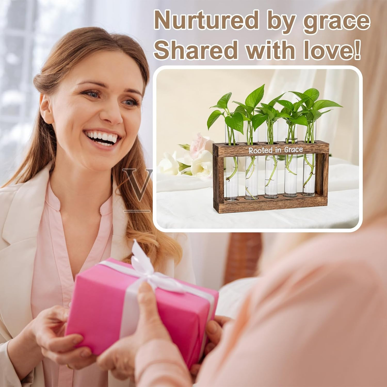 Rooted in Grace Plant Propagation Station – Wooden Stand with 5 Glass Vases, Fai
