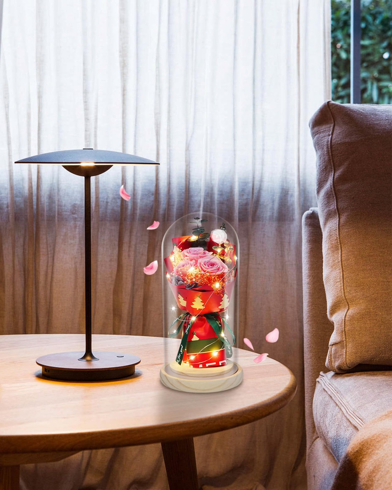 HVY Preserved Flowers in Glass for Her,Pink Real Rose Bouquet with LED Light,Ete