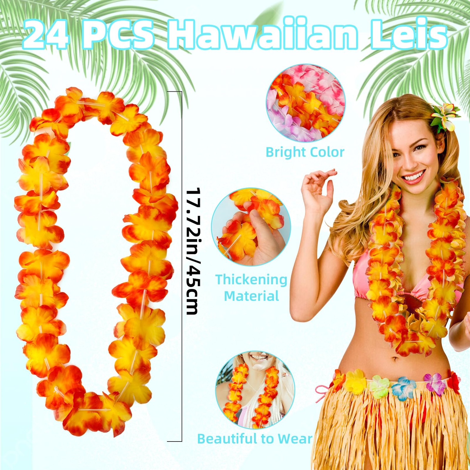 Hawaiian Leis for Luau Party Decorations 24PCS Hawaiian Leis Bulk Colorful Ha…