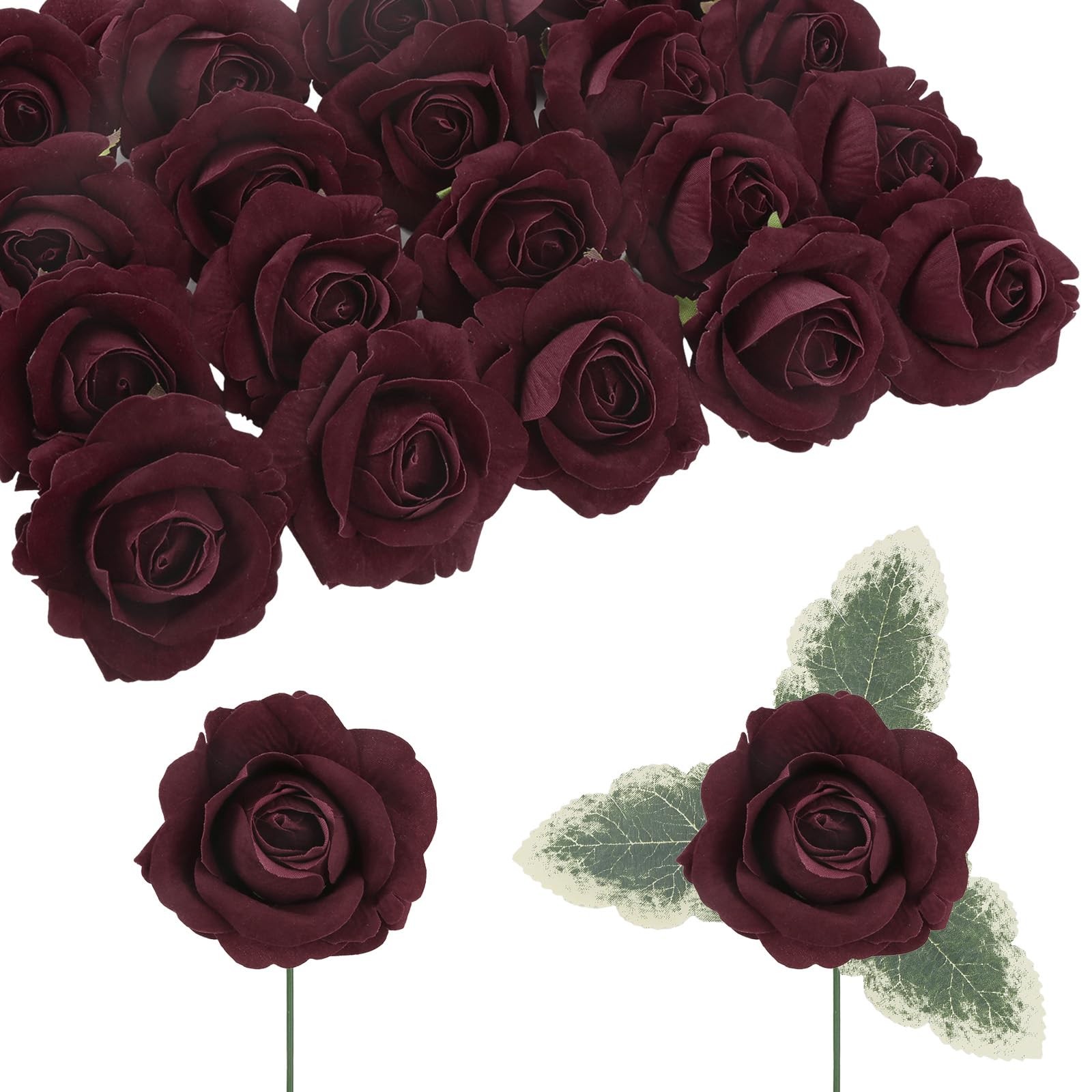 20pcs Burgundy Roses Artificial Velvet Flower Heads Realistic Faux Rose Flowe…