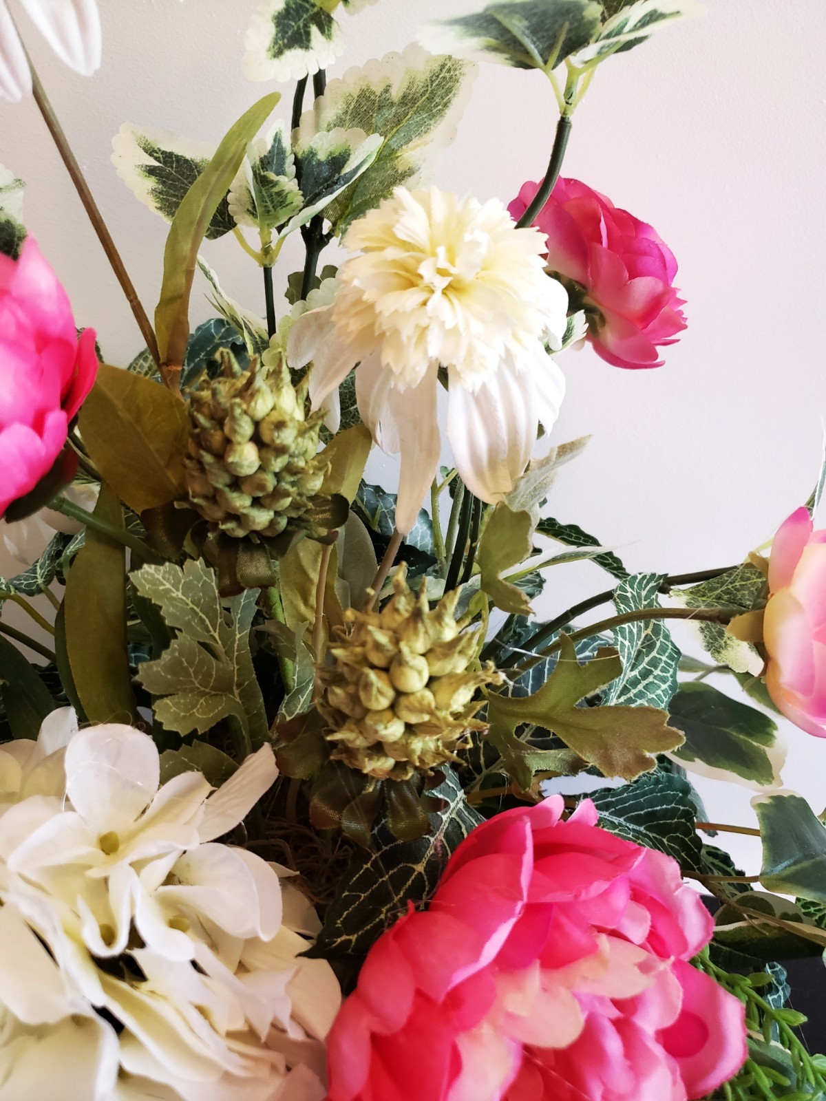 Hot Pink Peony & White Hydrangea Arrangement, Pink Spring Silk Floral