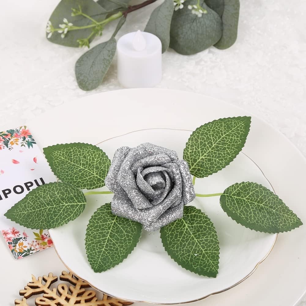 25PCS Silver Glitter Roses with Stems 2.19 Inch Foam Flowers for Home Decor