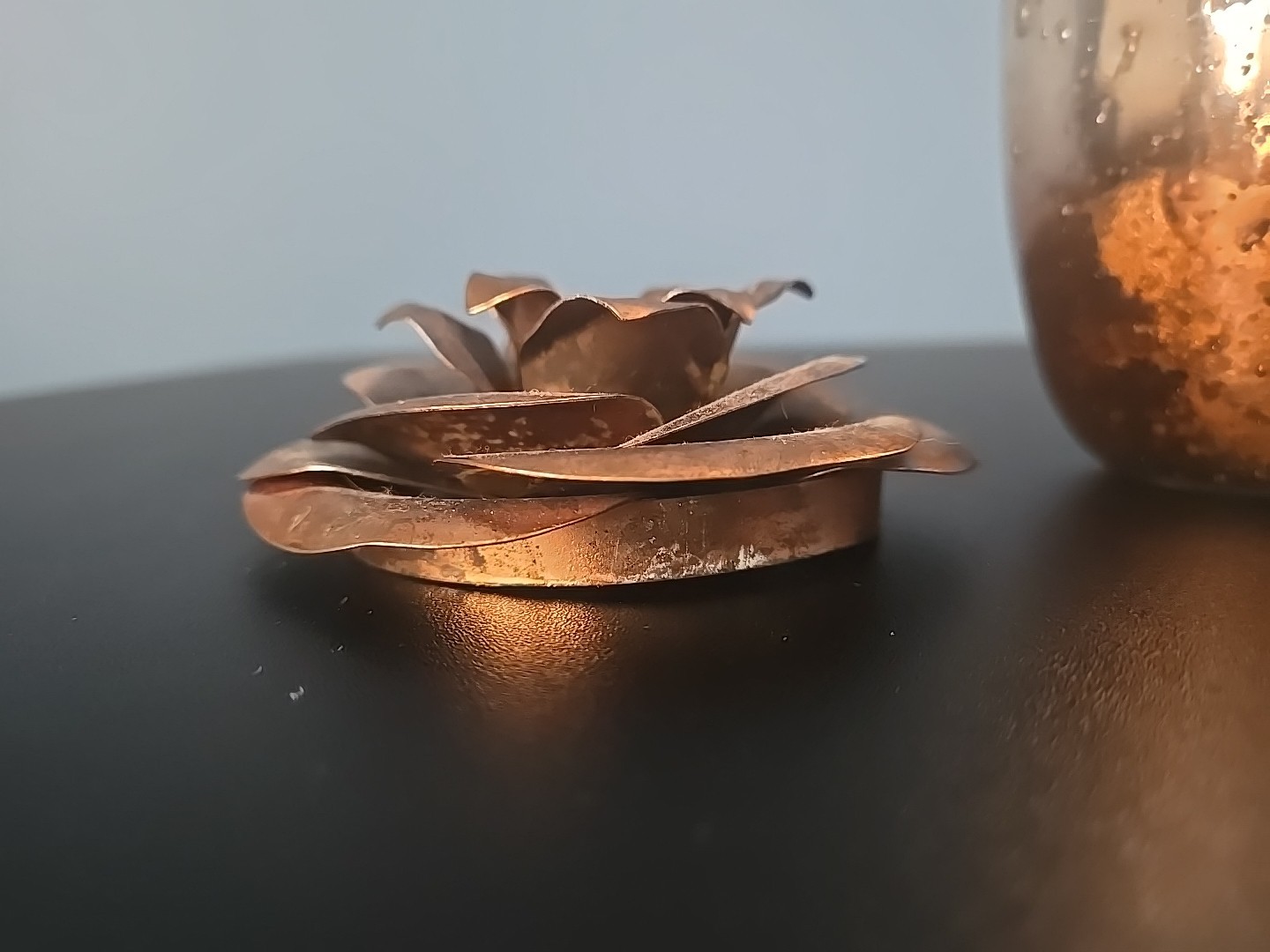 Copper Metal Rose Flower Top handcrafted bent welded & Partial Candle Glass