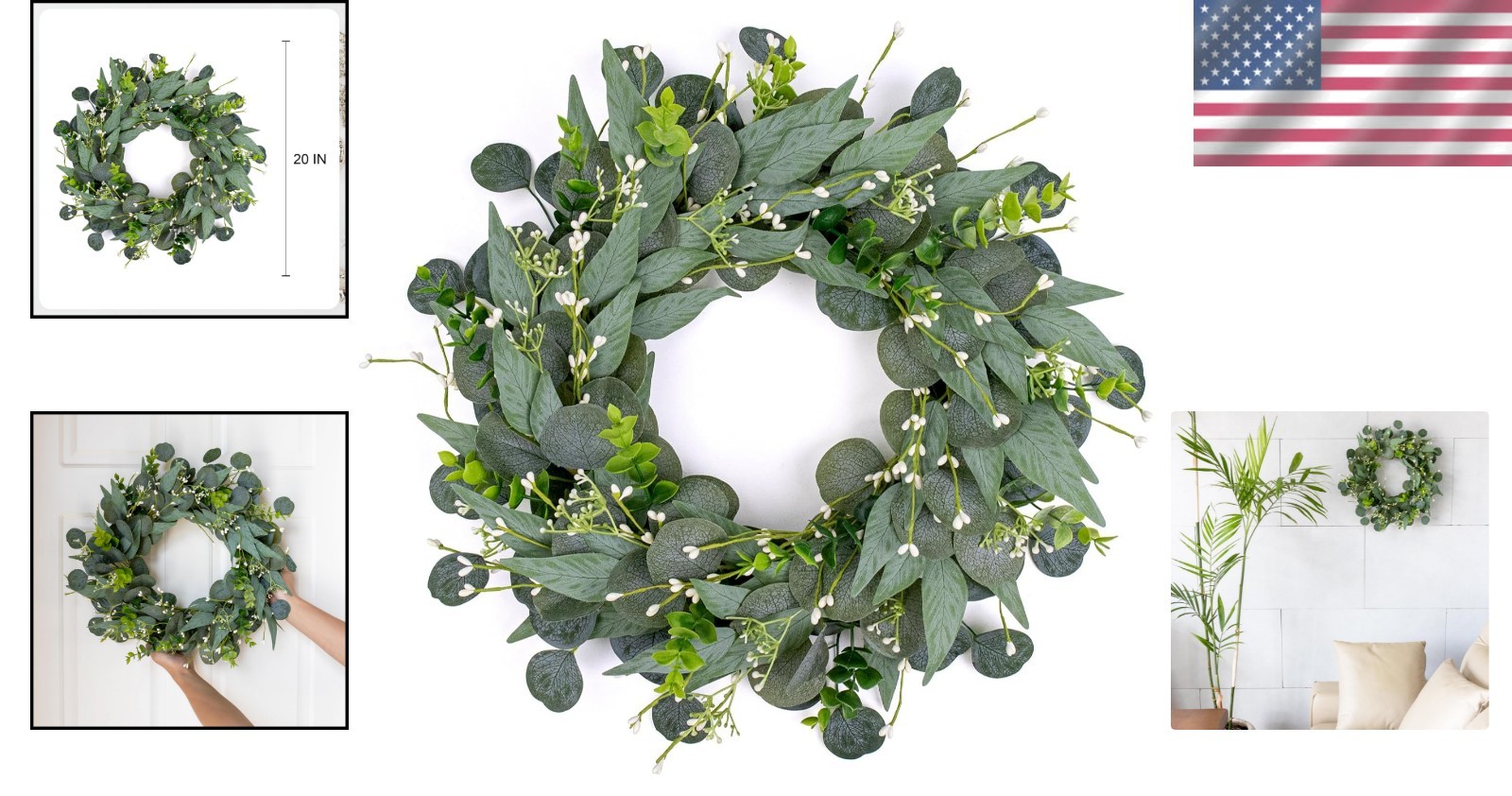 20 Inch Rustic Eucalyptus Wreath with Berries for Front Door or Wall Display