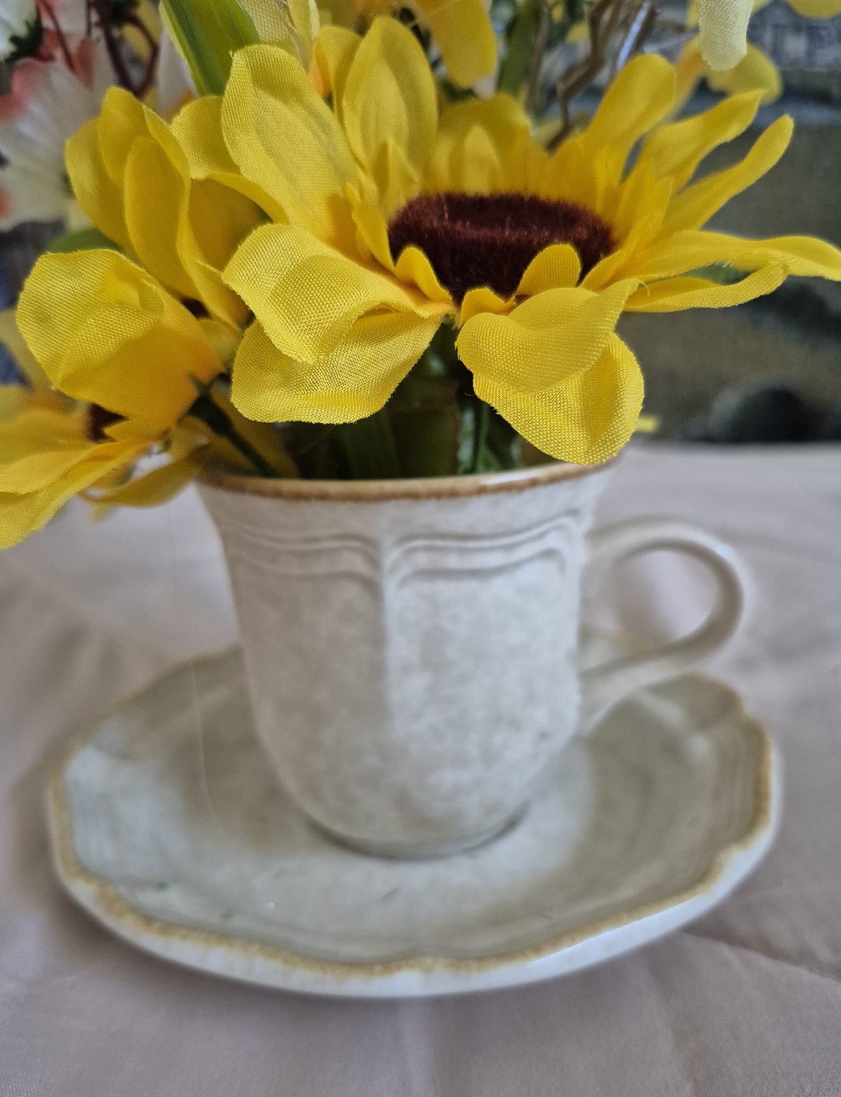 Artificial Sunflower Floral Arrangement in Ceramic Cup and Saucer Yellow