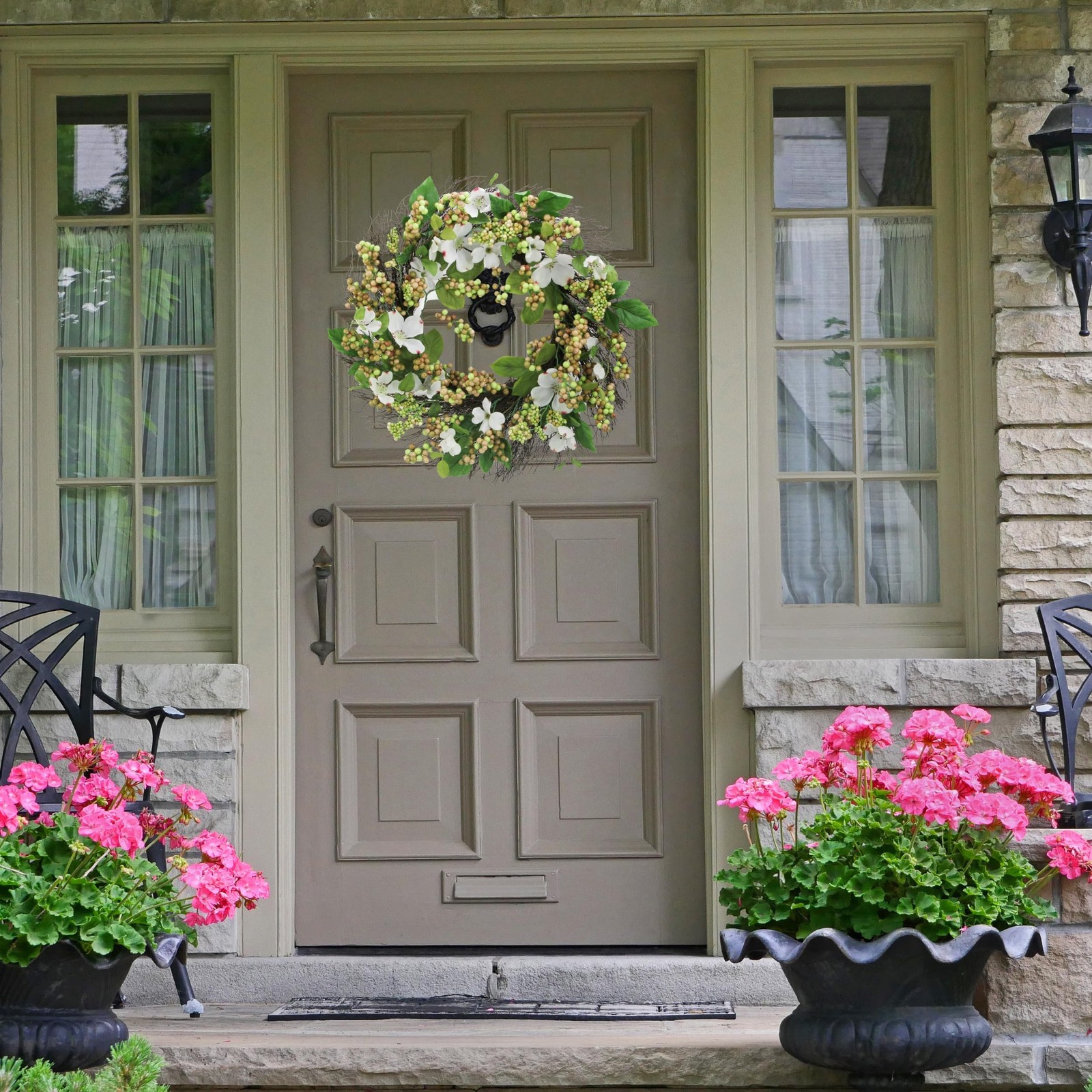 Admired By Nature 22″ Artificial White Dogwood Berry Wreath Spring Summer Wre…