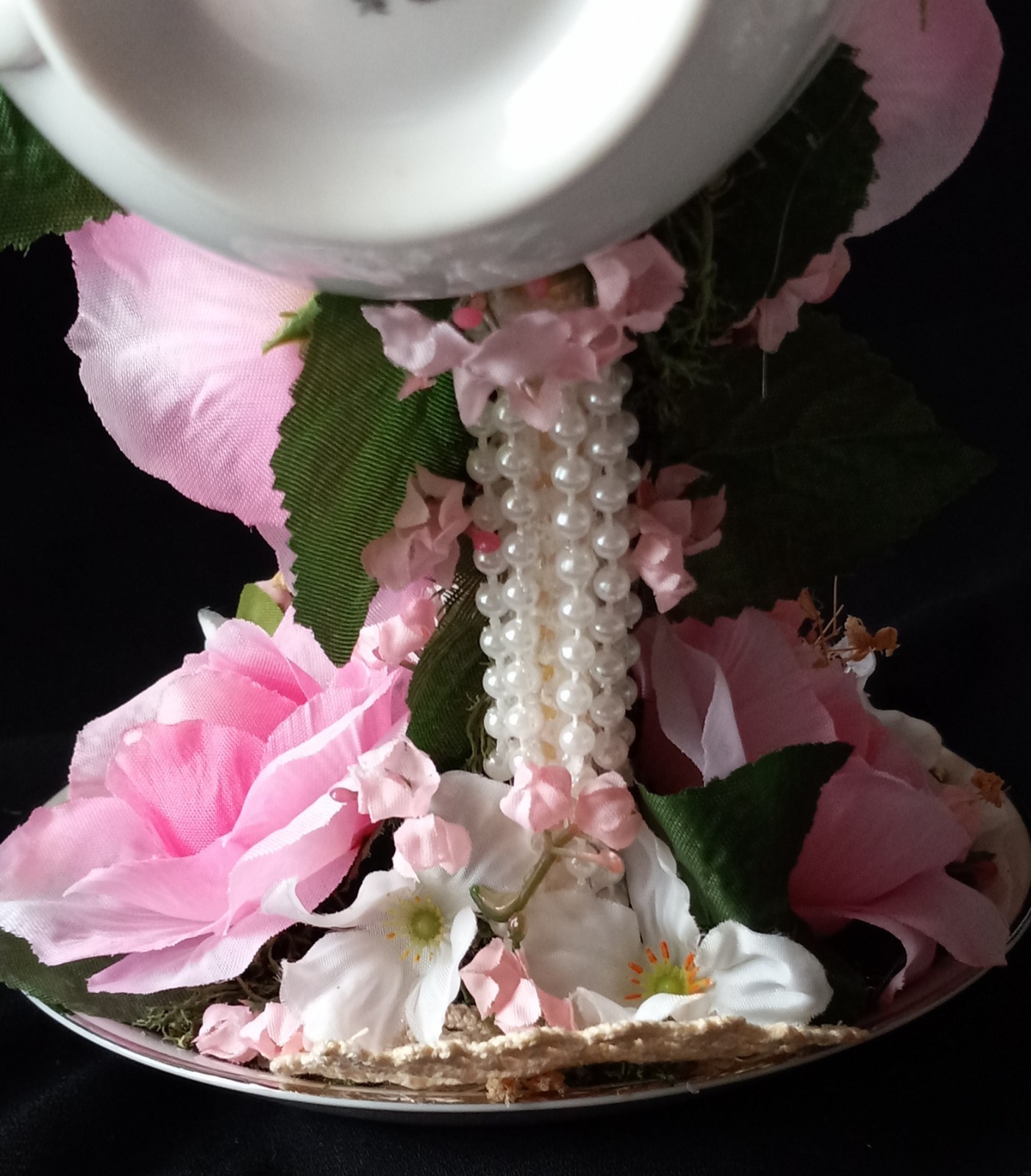 New Floral China Floating Teacup W Pink Floral Arrangement 8″ Tall #B FL#2