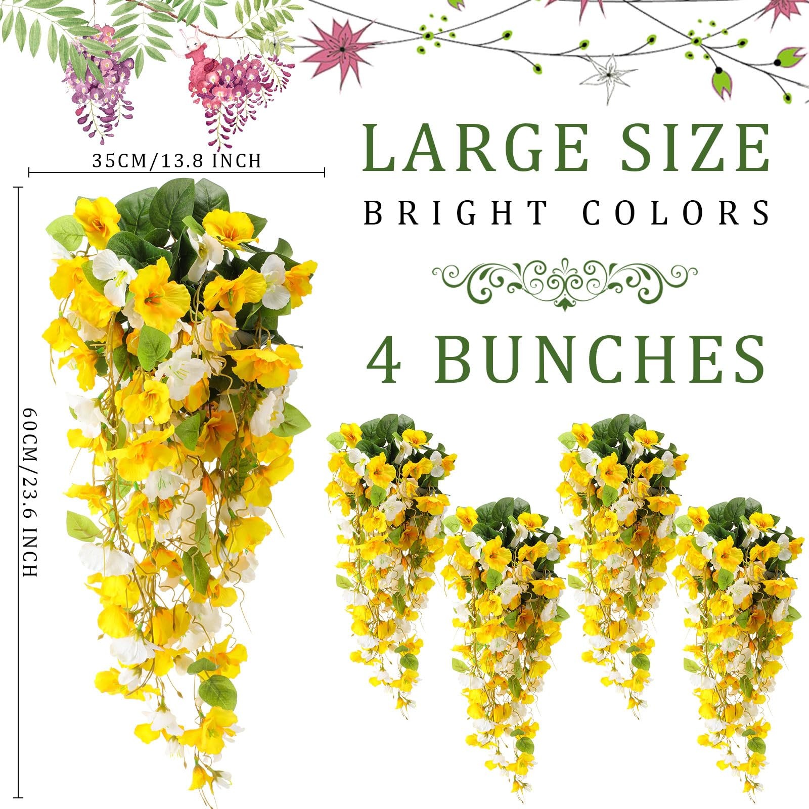 4 Pcs Artificial Hibiscus Flowers for Outdoors Spring Summer Decor Fake Hangi…