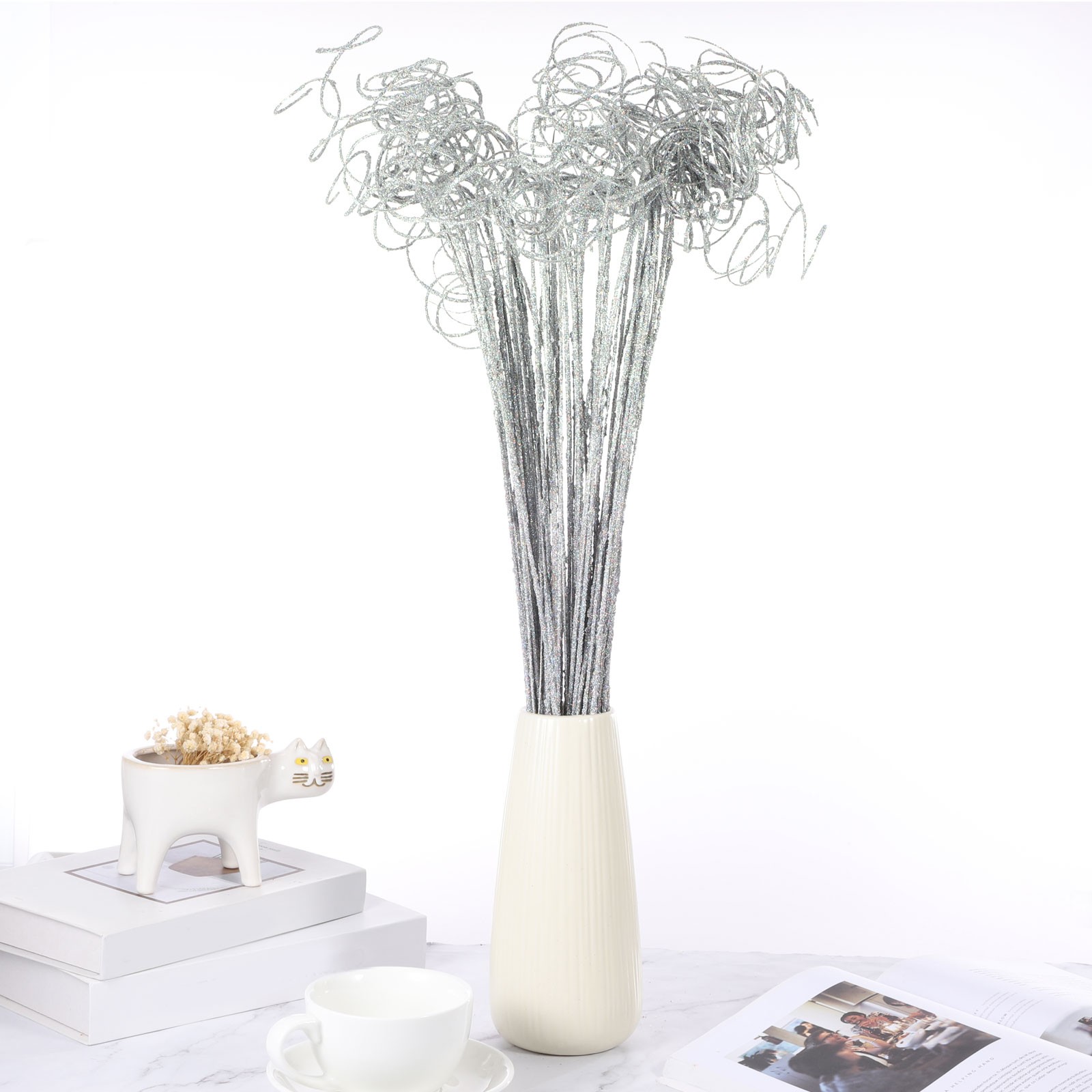 30 Pcs Glitter Dried Curly Willow Branches Natural Branches Twigs, Silver