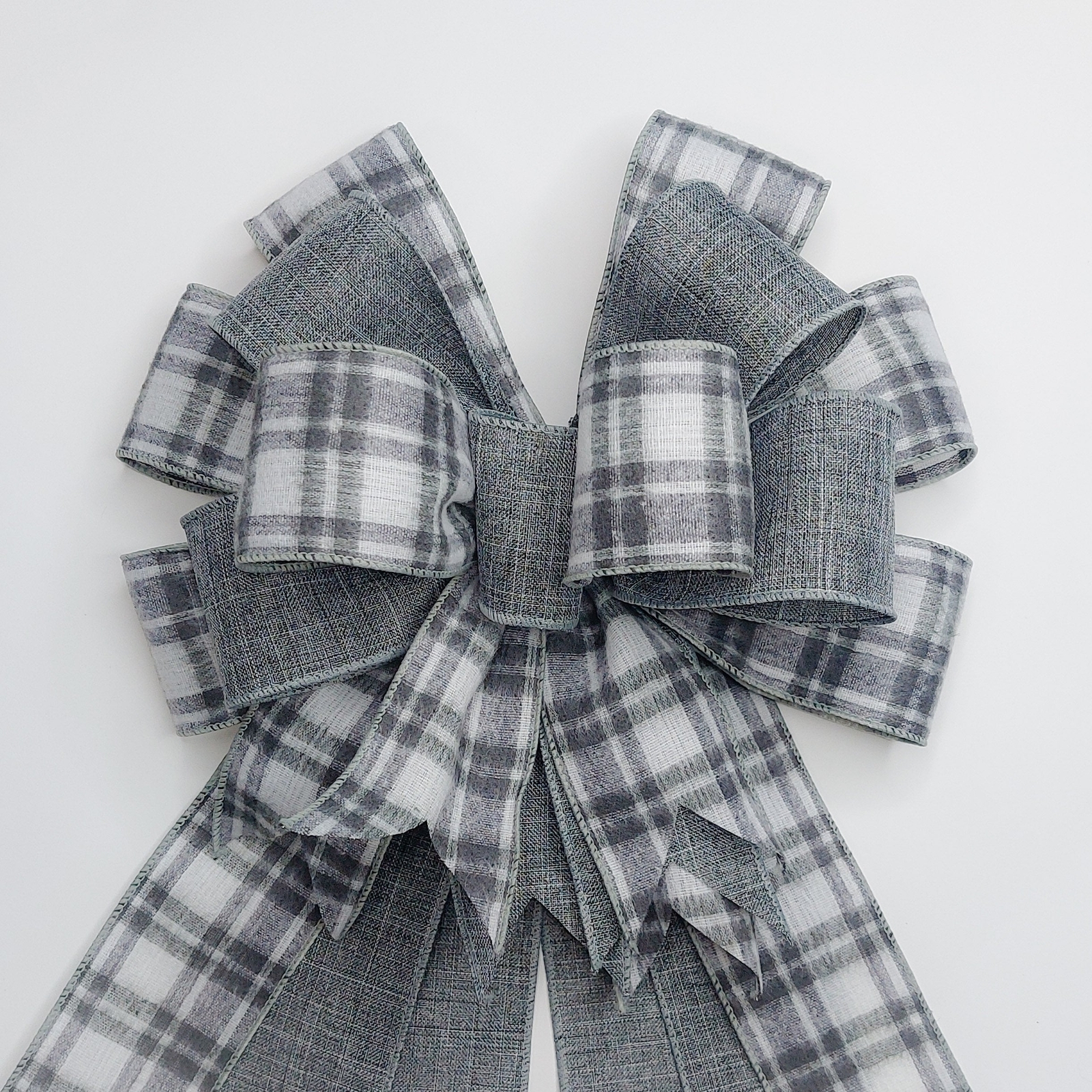 Gray Brushed Woven Plaid and Gray Linen Bow