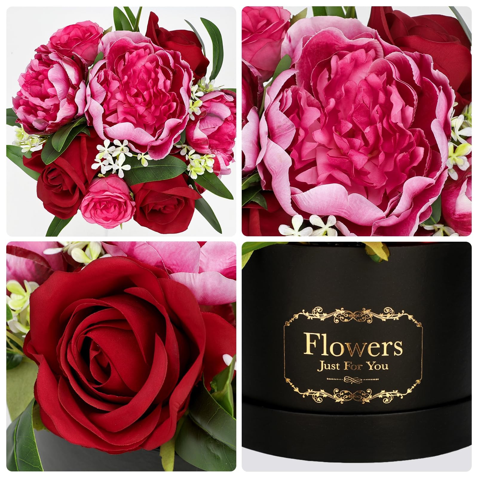 Red Artificial Peonies Roses in Vase Round Gift Box with Fake Flowers