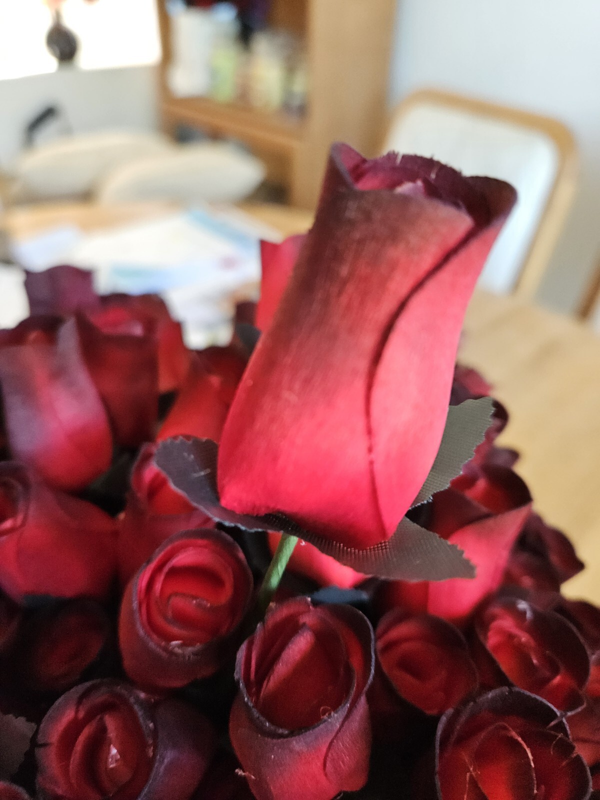 1 DOZEN – RED/BLACK – WOODEN ROSE BUDS 5 X 8 ARTIFICIAL FLOWERS – FREE SHIPPING
