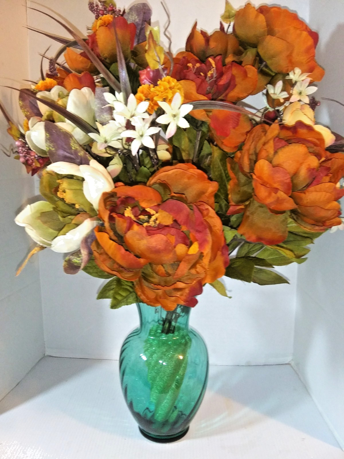 Fall Flowers in Vtg Vase Silk Flower Arrangement Fall Centerpiece 22 in tall