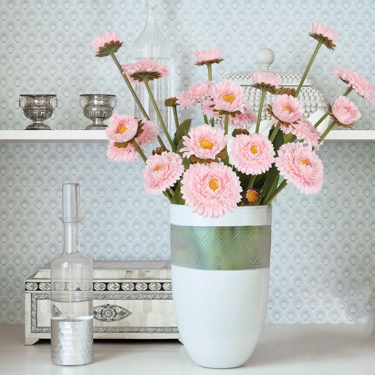 8 PCS Faux Chrysanthemum Flowers Silk Fake Daisies Light Pink Vase Centerpiece