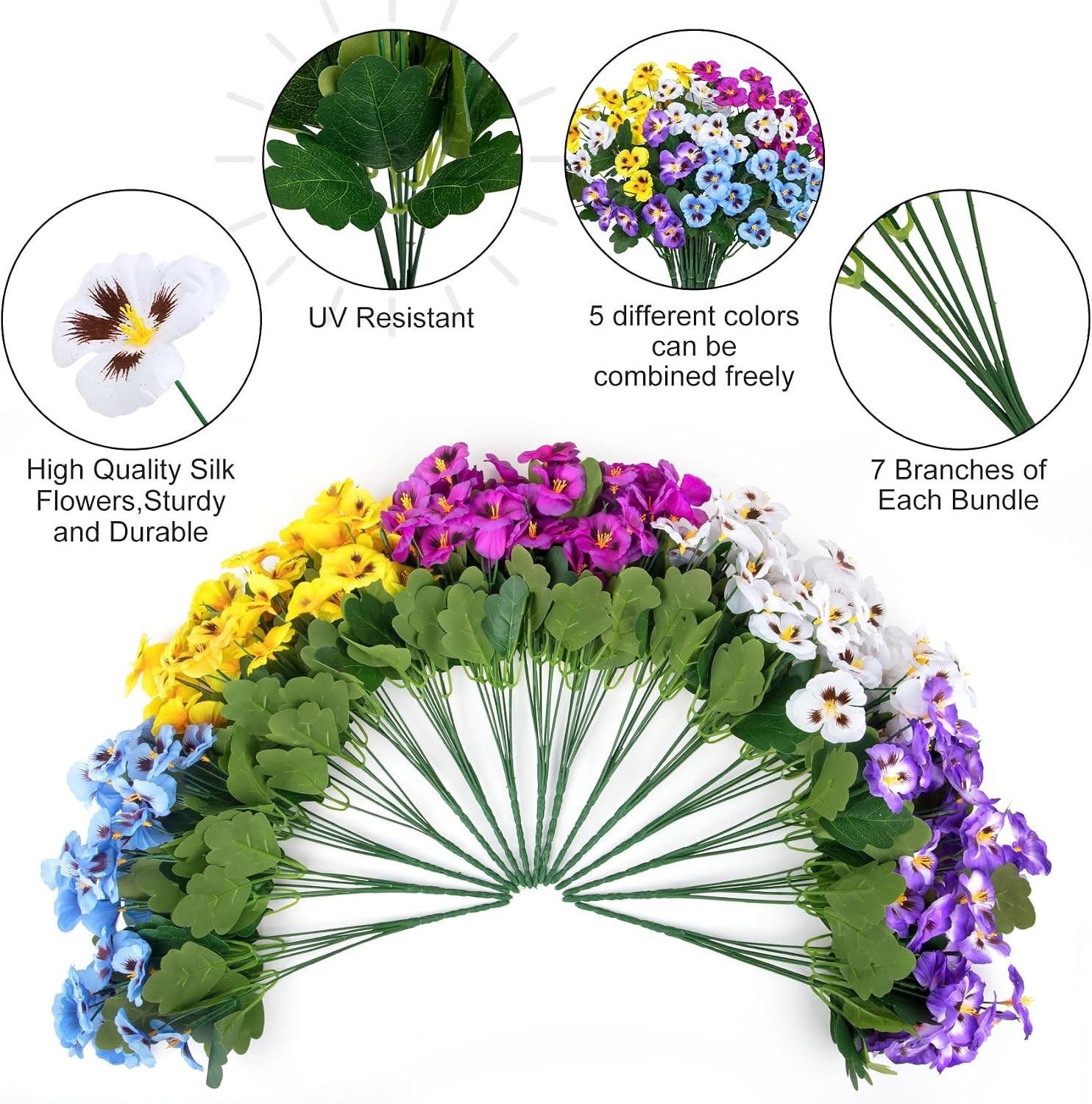 Ouddy Decor 15 Bundles Artificial Flowers for Outdoors, 15″ Fake Pansies Silk Fl