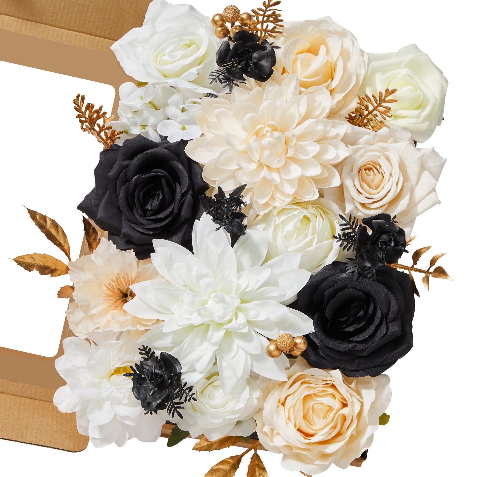Artificial White & Black & Champagne Flowers, Silk Fake Flowers for DIY Weddi…