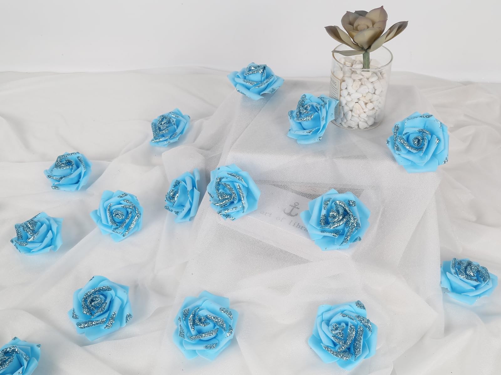 Light Blue Glitter Roses Foam Flowers Fake Rose Cake Centerpiece 100 PCS