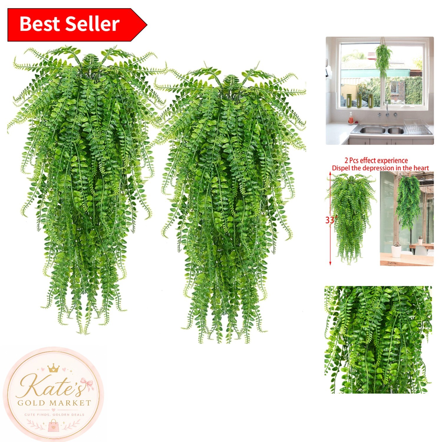 Durable Artificial Hanging Ferns – No Maintenance, UV Resistant 2-Piece Set