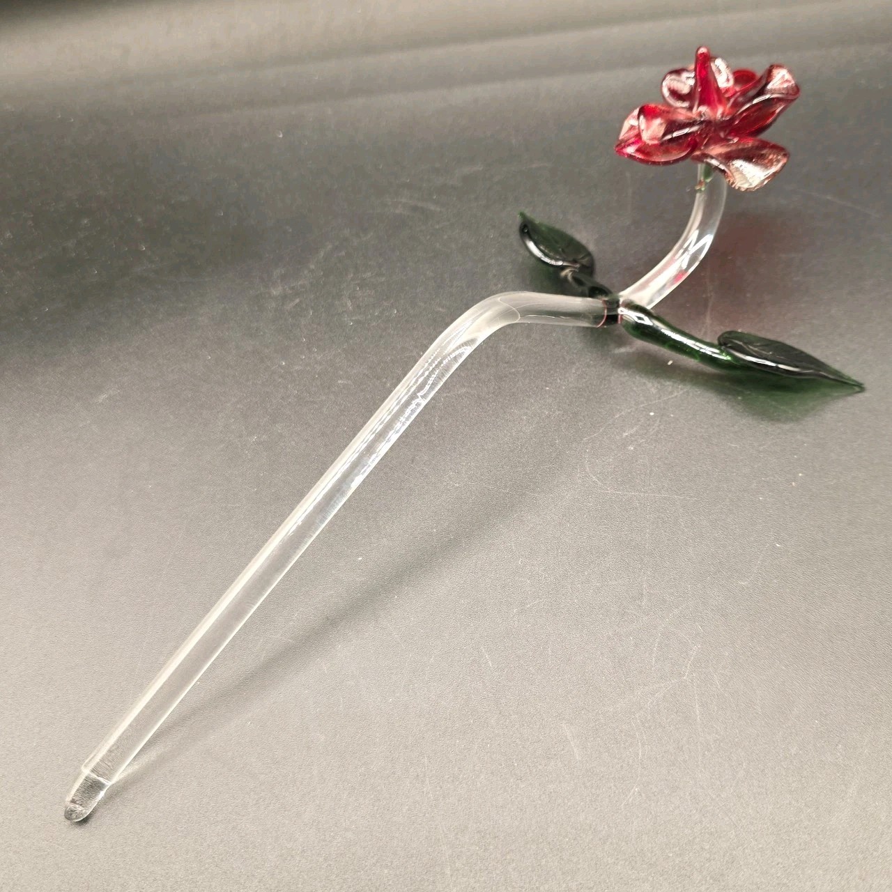 Glass Long Stem Red Rose with Green Leaves 10″ Applied Blown