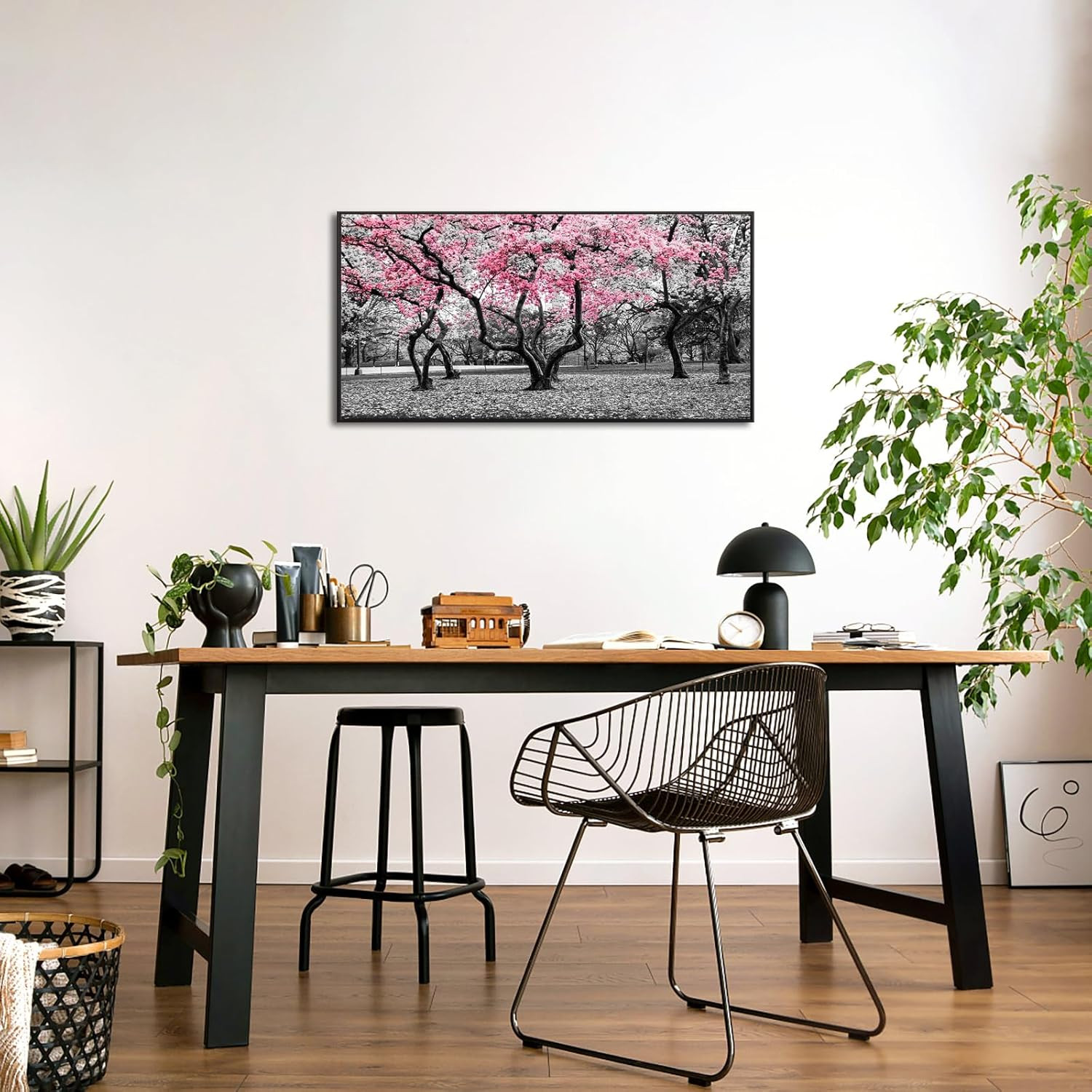 Cherry Blossom Trees Canvas Art with Black Floater Frame – NYC Park Decor